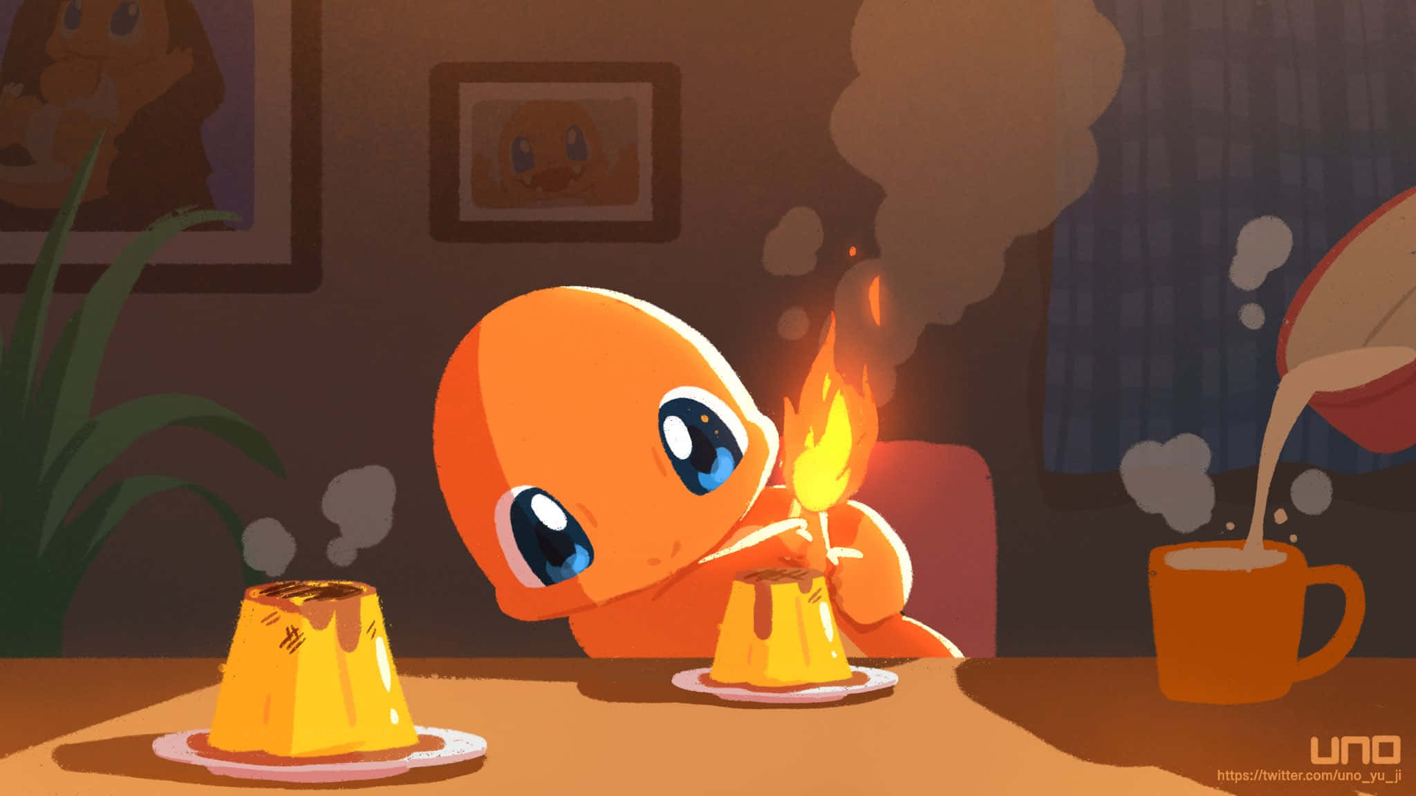 Cute Charmander 桌布 壁紙 — 一個可愛的橙色動漫角色，藍色眼睛，在一個舒適昏暗的房間裡，在溫暖的布丁甜點旁邊點燃蠟燭。