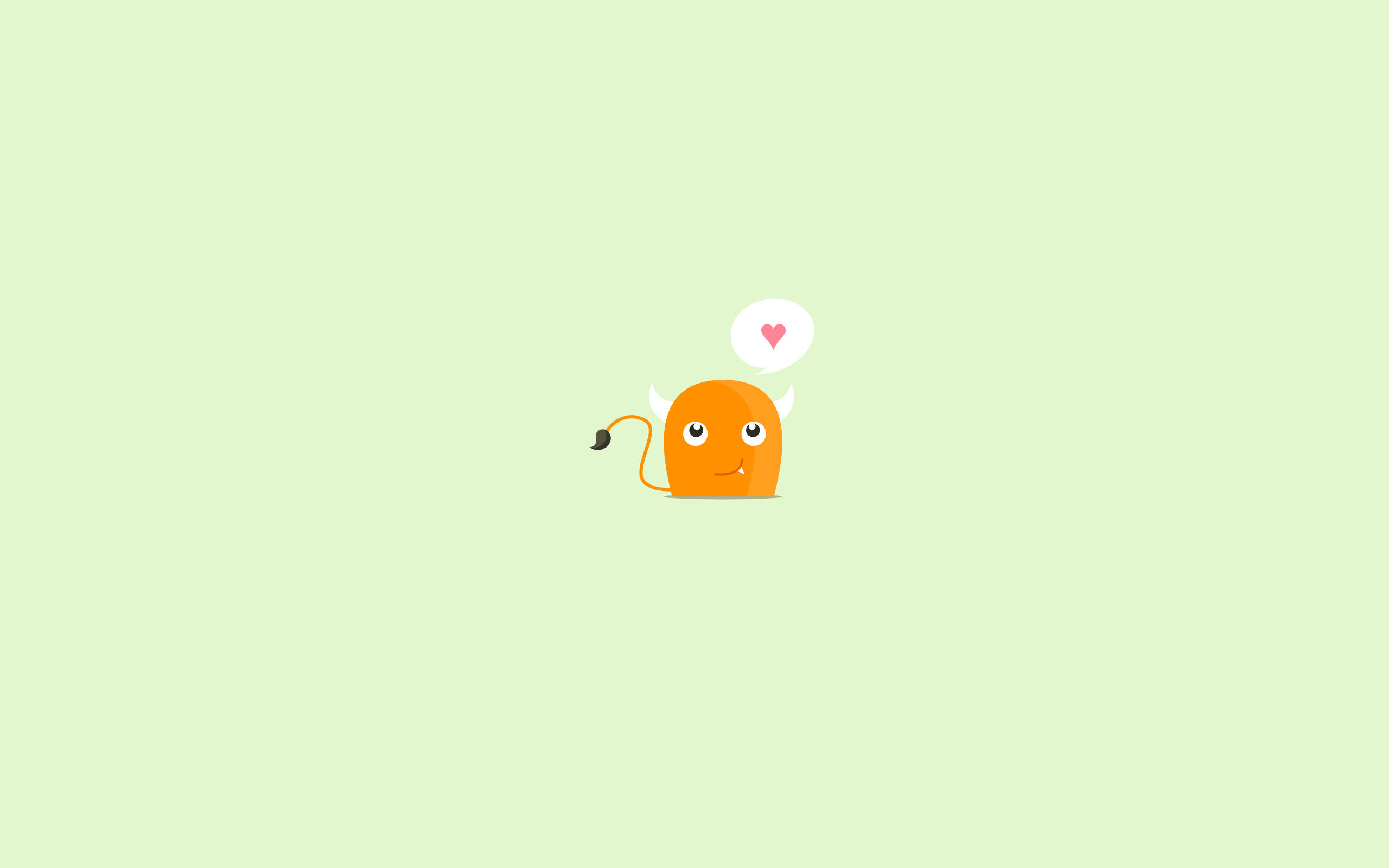 Cute Minimalist 桌布 壁紙 — 一個可愛的橙色卡通魔鬼，有角和尾巴，微笑著，一顆心漂浮在它的頭上，背景是淺綠色。
