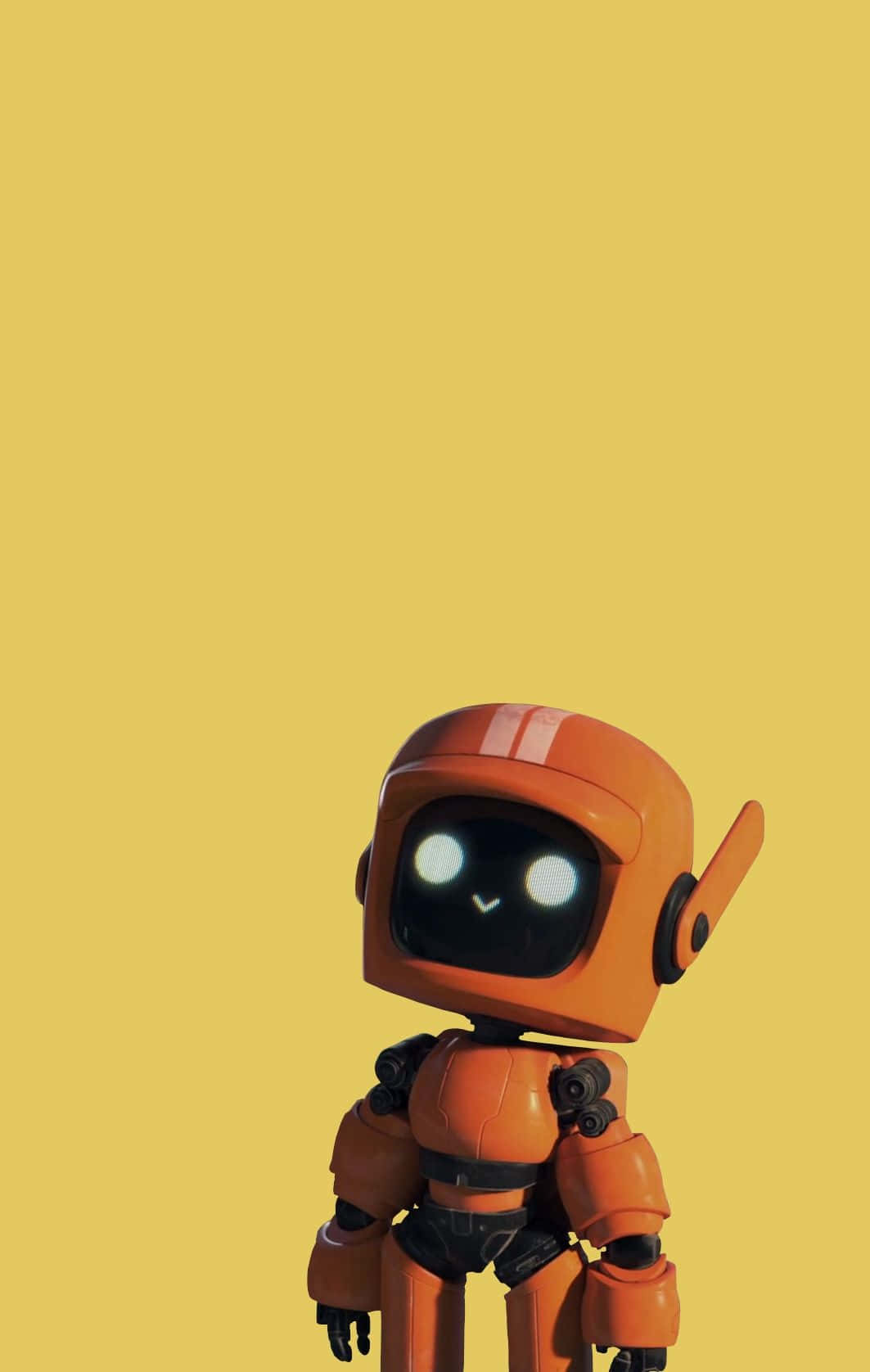 Kawaii Robot 桌布 壁紙 — 一個可愛的橙色機器人，眼睛發光，站在純黃色背景前。