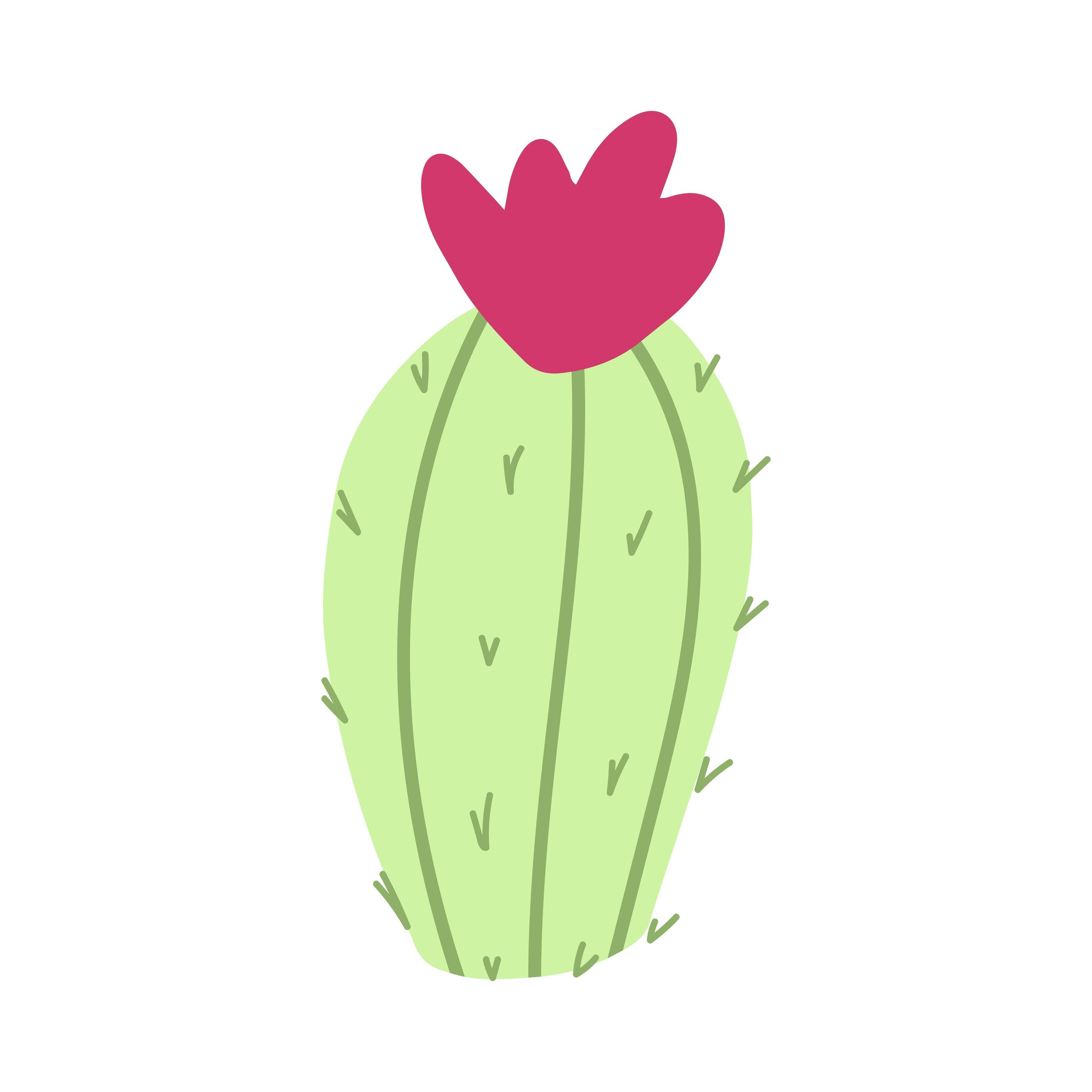 Cactus 桌布 壁紙 — 一個可愛的淺綠色仙人掌，頂部有一朵粉紅色心形花朵，背景為白色。