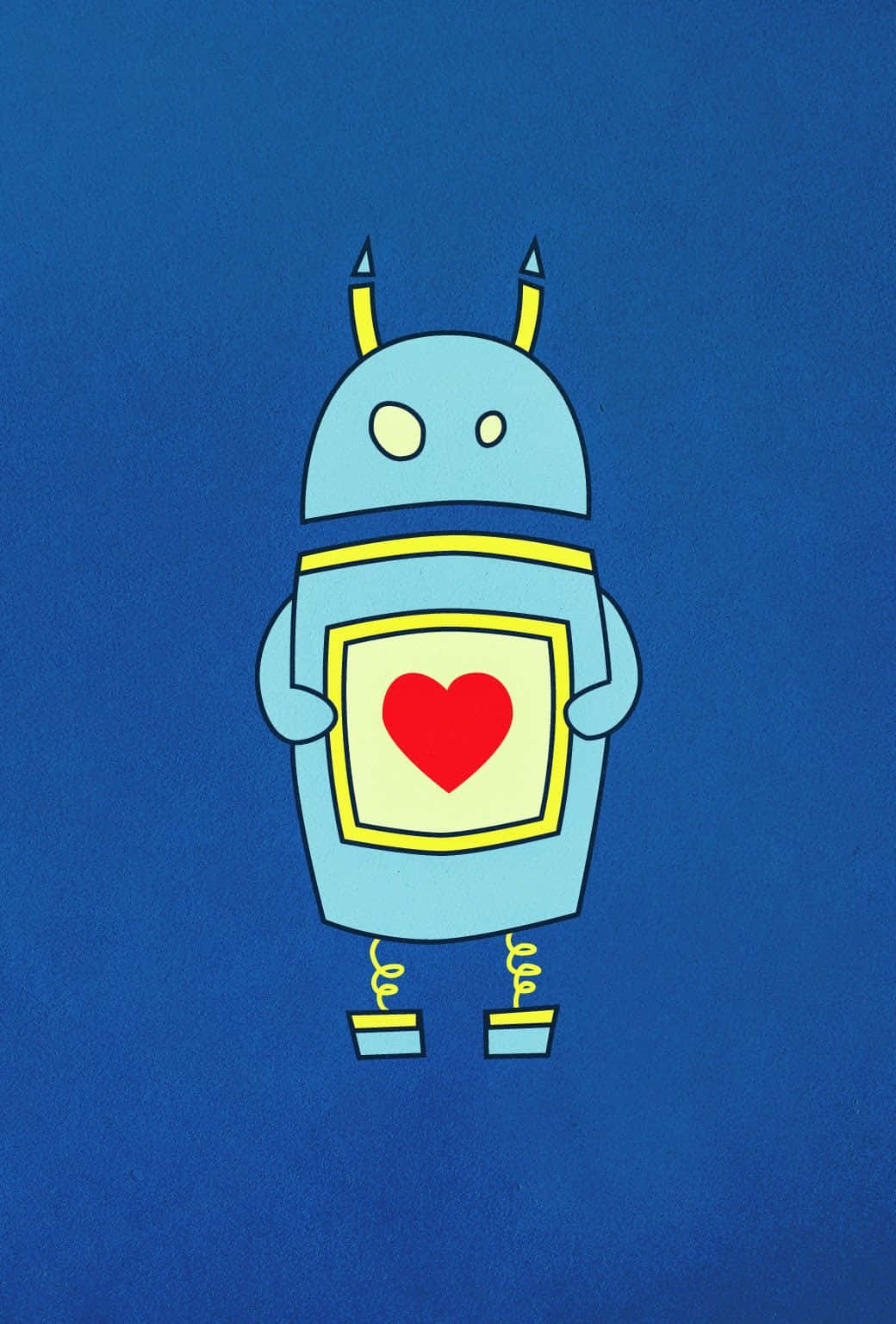 Cartoon Robot 桌布 壁紙 — 一個可愛的淺藍色機器人，帶有黃色點綴和胸前的紅色心形，站在純藍色背景前。