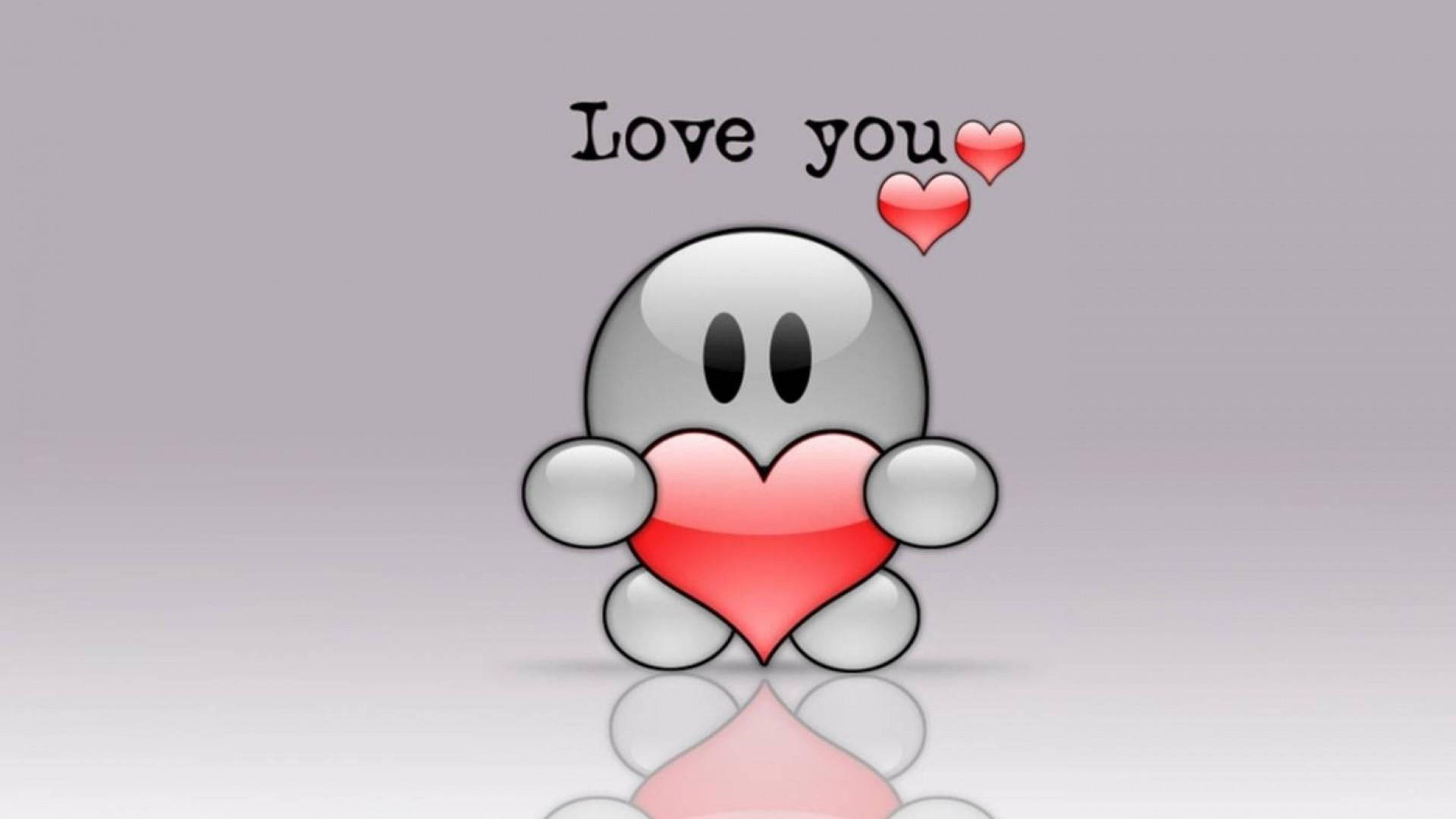 Love Drawings 桌布 壁紙 — 一個可愛的灰色卡通角色手持紅色愛心，上方有兩個漂浮的愛心，下方有倒影，背景為柔和的灰色。