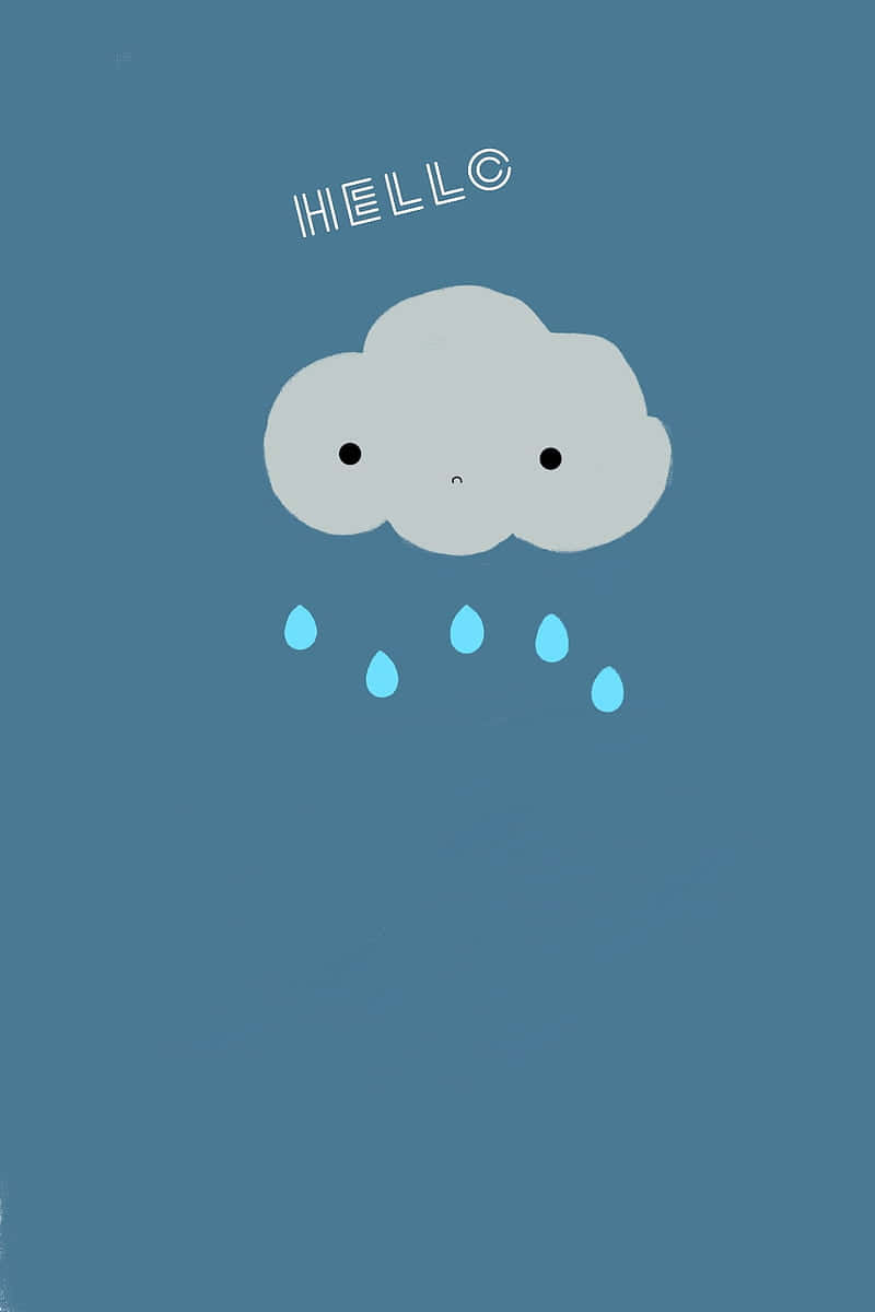 Cloud 桌布 壁紙 — 一個可愛的灰色卡通雲，帶著微微皺眉的表情，藍色雨滴落在純青色背景上。