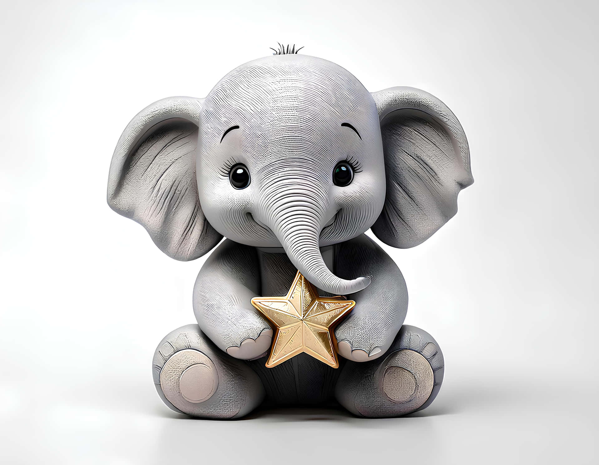 Minimalist Baby Elephant 壁紙 — 一個可愛的灰色大象公仔坐在純白色背景前，手持一顆閃閃發光的金色星星。