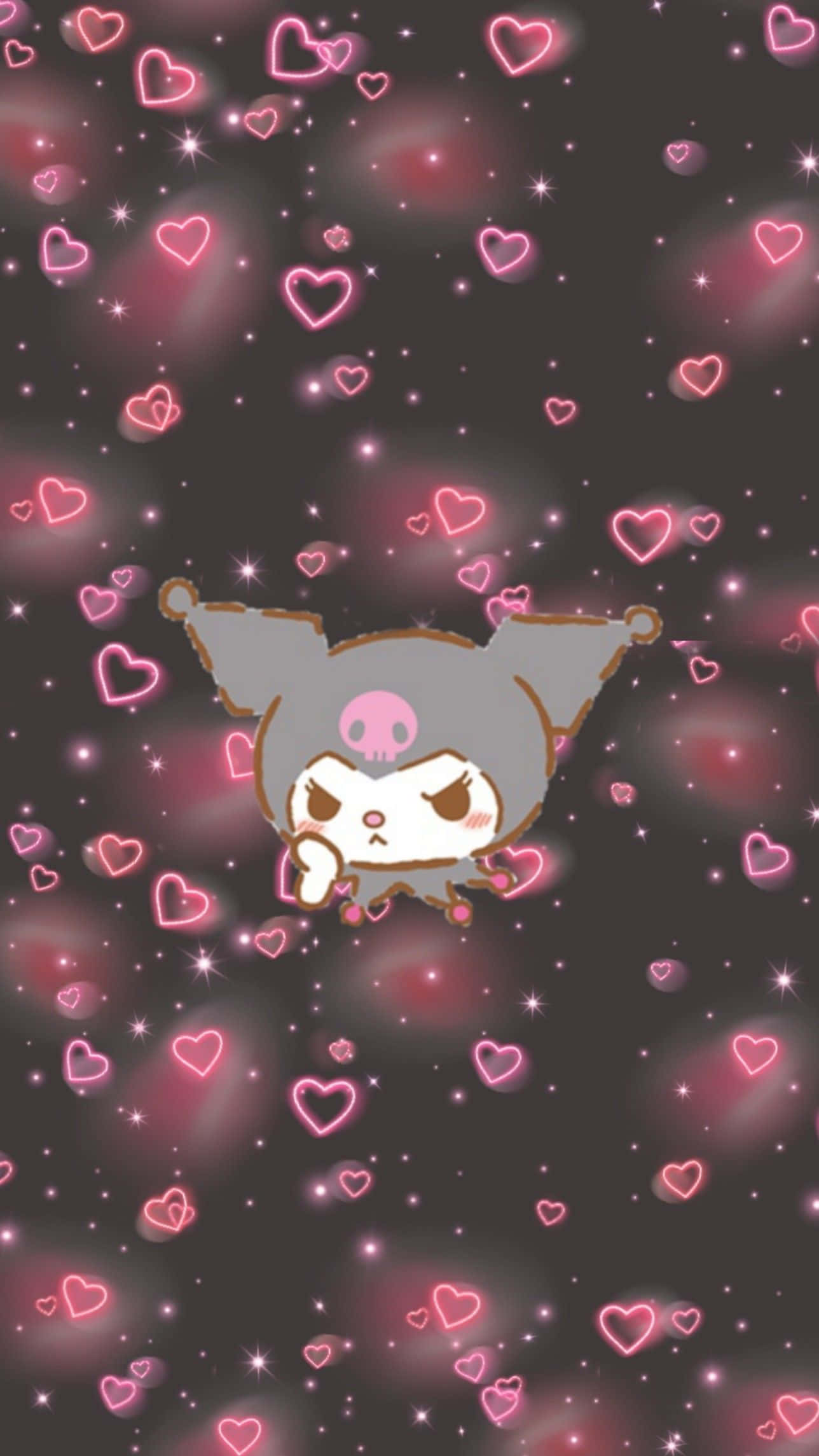 sanrio 桌布 壁紙 — 一個可愛的灰色貓咪角色，帶有骷髏標誌，在黑暗的宇宙背景中漂浮在發光的粉紅色心形和星星之間。