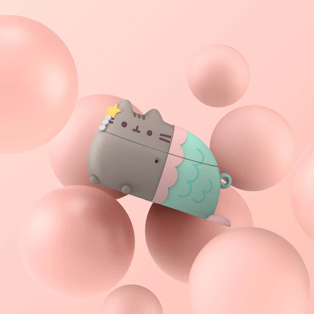 Cute Pusheen 桌布 壁紙 — 一個可愛的灰色貓形手機殼，帶有美人魚尾巴，漂浮在柔和的粉紅色球體之間，背景為粉彩粉紅色。
