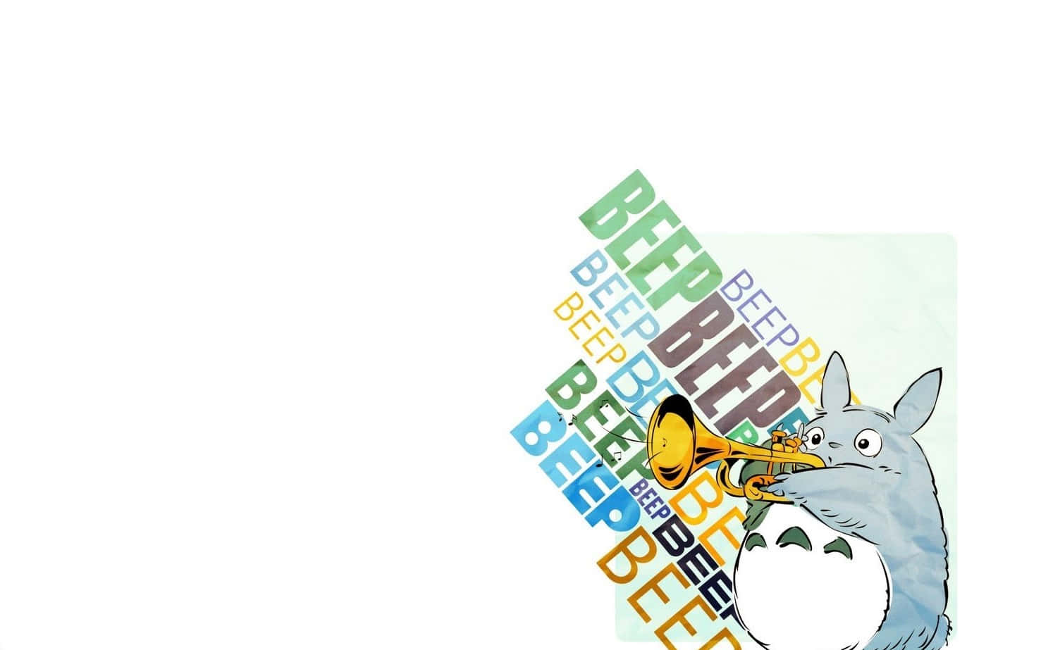 Totoro Aesthetic 桌布 壁紙 — 一個可愛的灰色龍貓角色在吹金色的喇叭，周圍環繞著色彩繽紛的「BEEP」文字，是一個有趣的插圖。