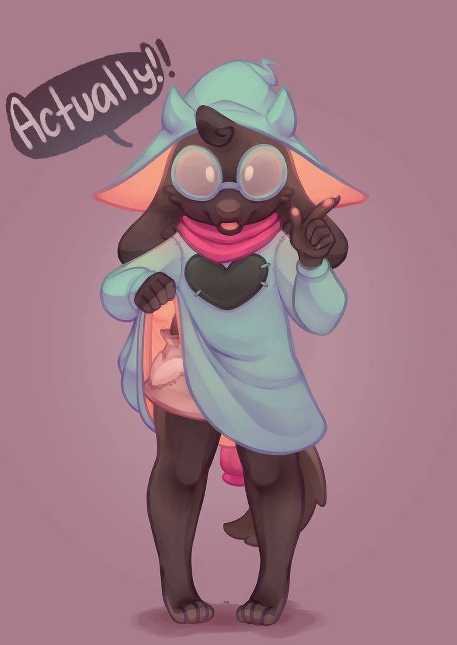 Ralsei 桌布 壁紙 — 一個可愛的狐狸風格動漫角色，穿著淺藍色外套和眼鏡，自信地指著一個對話氣泡，上面寫著『Actually!!』
