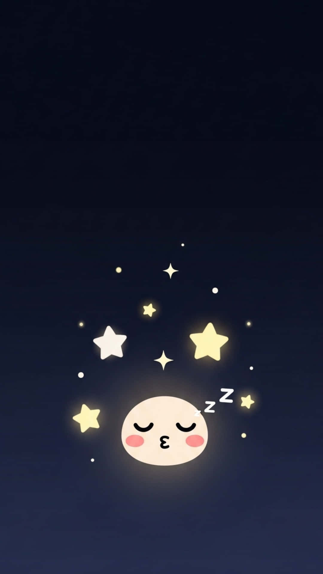 Adorable Tiny Cat Face with Closed Happy Eyes, Pastel Teal Background with Light Particles 壁紙 — 一個可愛的發光月亮，閉著眼睛，臉頰紅潤，在深藍色夜空中的閃爍黃色星星環繞下安然入睡。