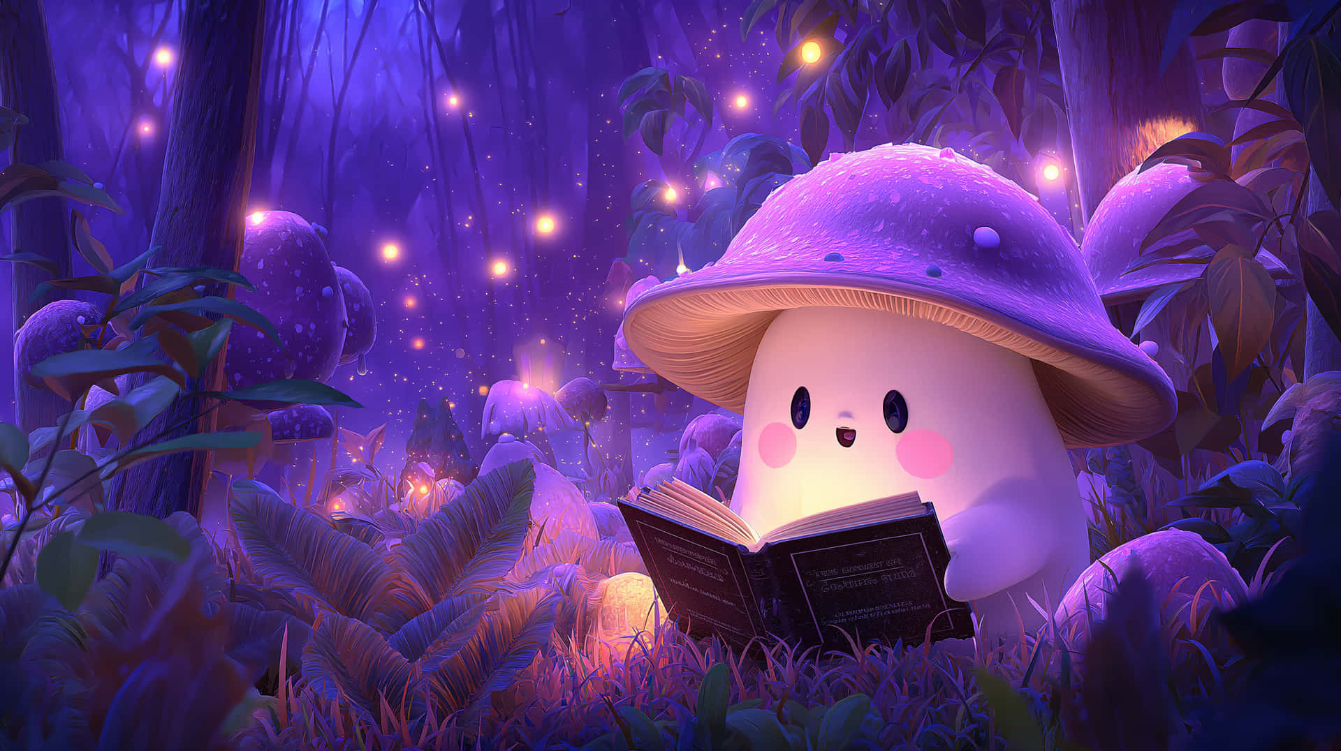 Sweet Mushroom Character Reading in Enchanted Forest 壁紙 — 一個可愛的發光蘑菇角色在神秘紫色森林的閃爍燈光下看書。