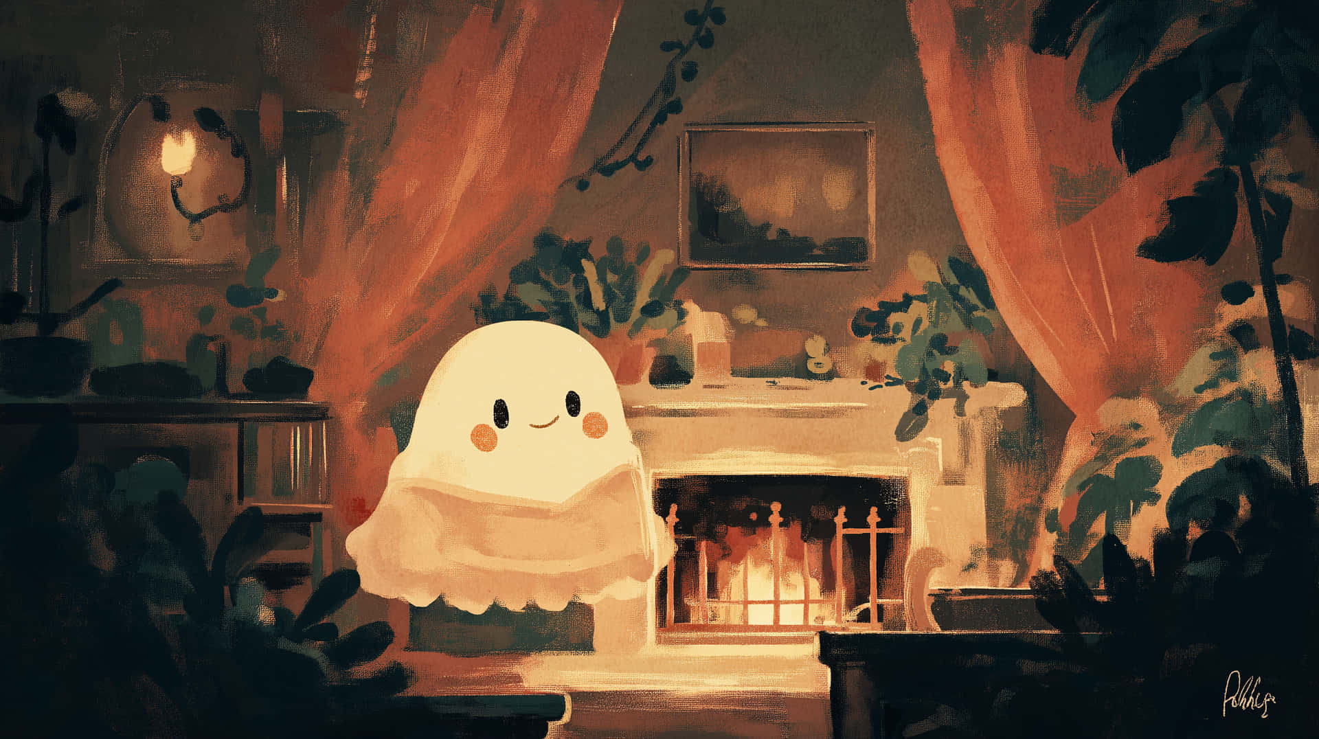 Smiling Ghost bySmall Ghost by Fireplace with Blanket 壁紙 — 一個可愛的發光鬼魂，臉頰紅潤，坐在一個舒適、燈光昏暗的房間裡，有壁爐和懸掛植物。