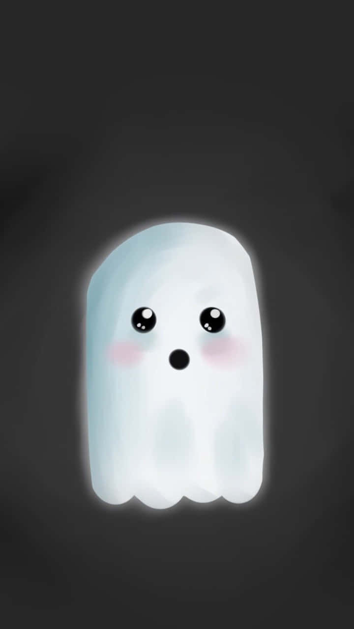 Cute Ghost 桌布 壁紙 — 一個可愛的發光鬼魂，臉頰紅潤，大眼睛，漂浮在黑暗的背景上。