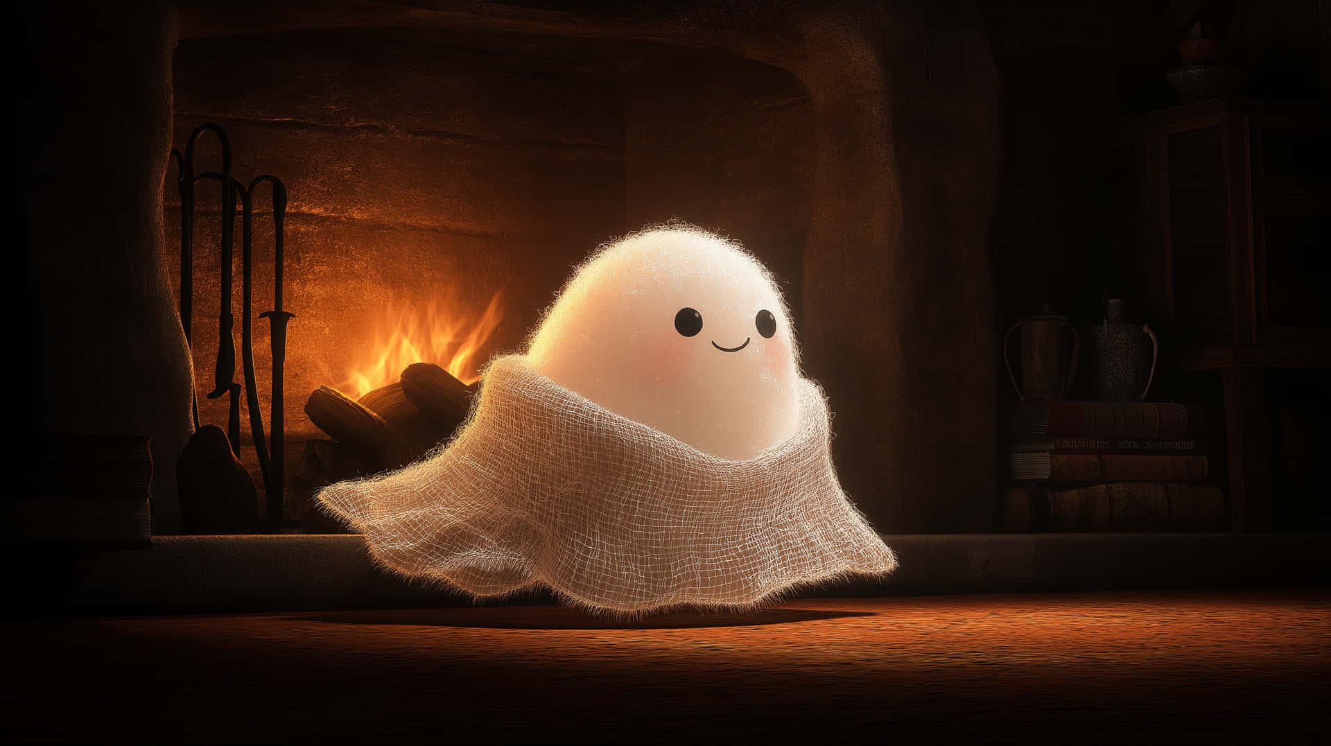 Cozy Ghost Wrapped in Blanket by a Warm Fireplace 壁紙 — 一個可愛的發光鬼魂帶著微笑的臉，溫暖地坐在噼啪作響的壁爐旁，在一個舒適的石頭房間裡。