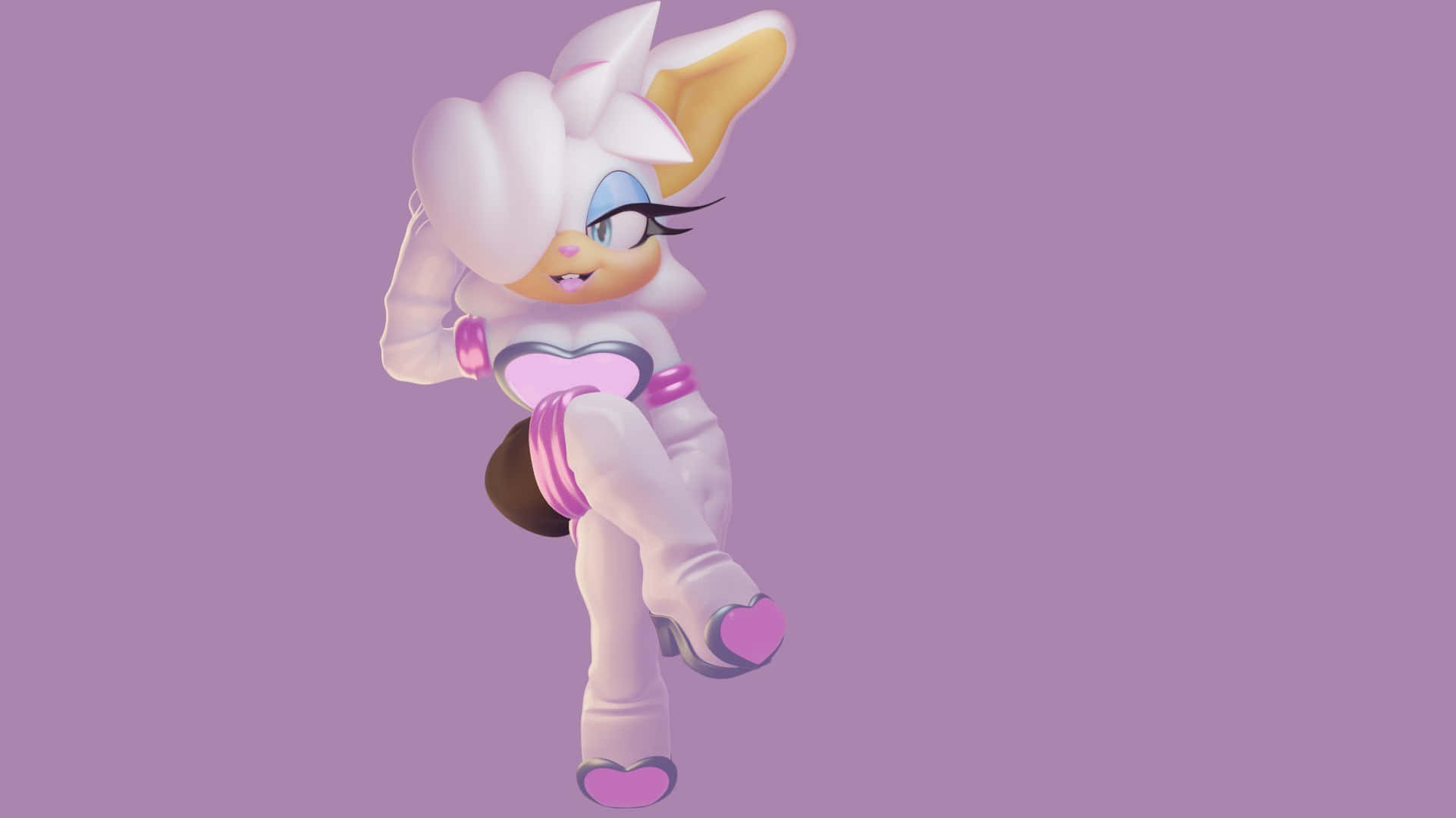 Rouge The Bat 桌布 壁紙 — 一個可愛的白兔動漫角色，穿著粉紅色心形主題服裝，在純色薰衣草背景前頑皮地擺姿勢。