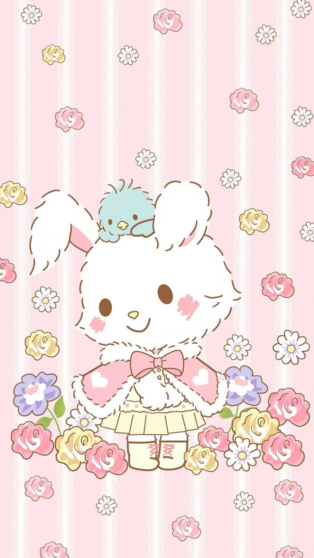 Cute Sanrio 桌布 壁紙 — 一個可愛的白兔角色，頭上有一隻藍色小鳥，周圍環繞著色彩繽紛的花朵，背景是粉紅色條紋。