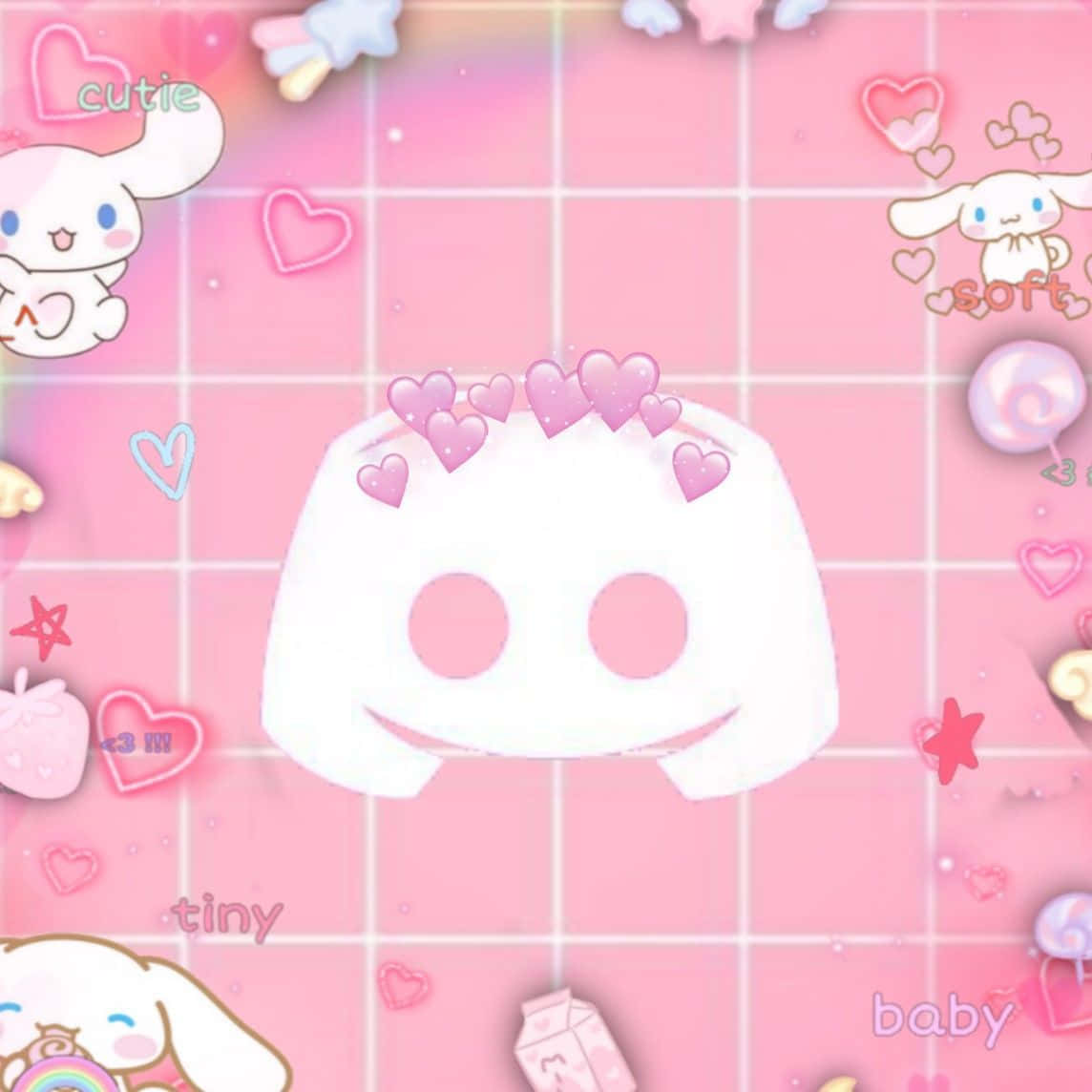 sanrio 桌布 壁紙 — 一個可愛的白色 Discord 標誌，周圍環繞著粉紅色愛心和 Cinnamoroll 角色，背景為粉彩粉紅色網格。