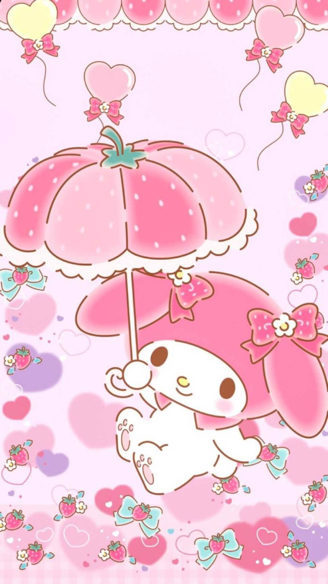 my 桌布 壁紙 — 一個可愛的白色My Melody角色在粉彩粉紅世界中，手持草莓主題雨傘，周圍漂浮著心形和氣球。