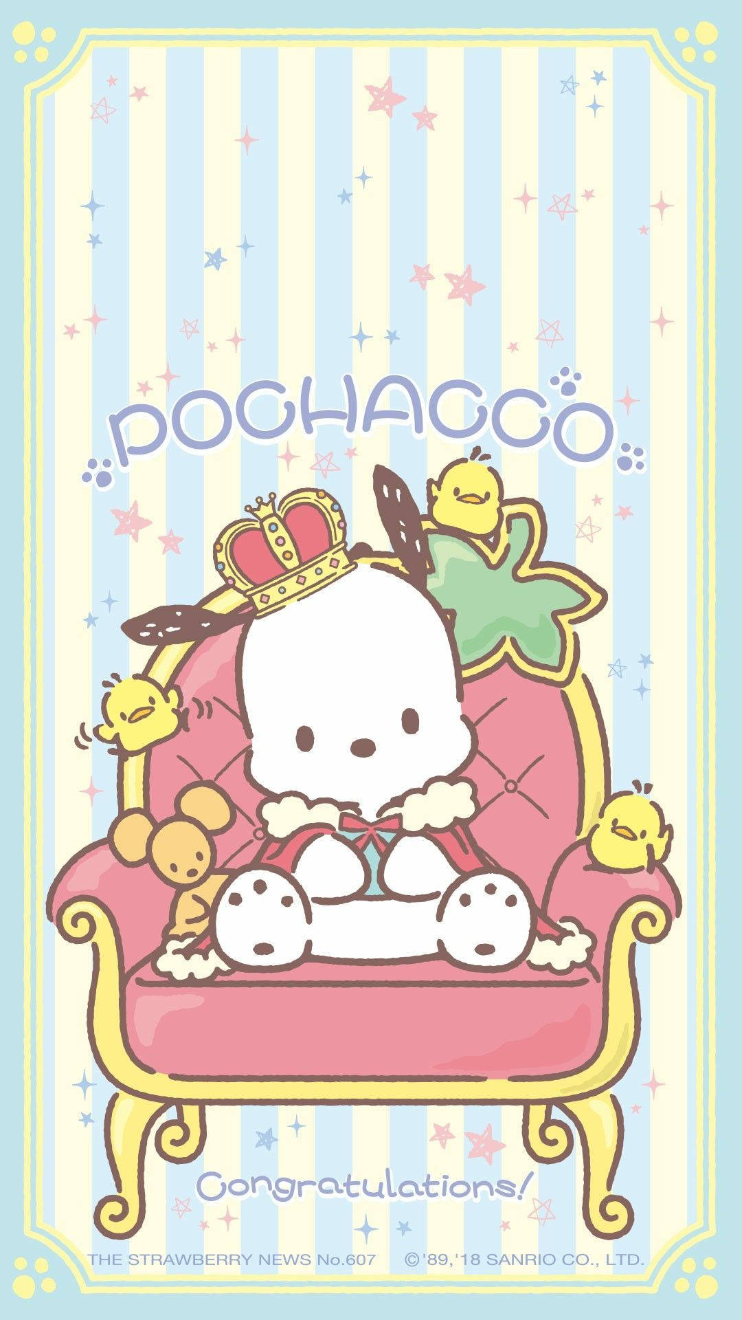 sanrio 桌布 壁紙 — 一個可愛的白色Pochacco絨毛玩具端莊地坐在粉紅色寶座上，周圍是黃色小雞和星星，背景是條紋壁紙。