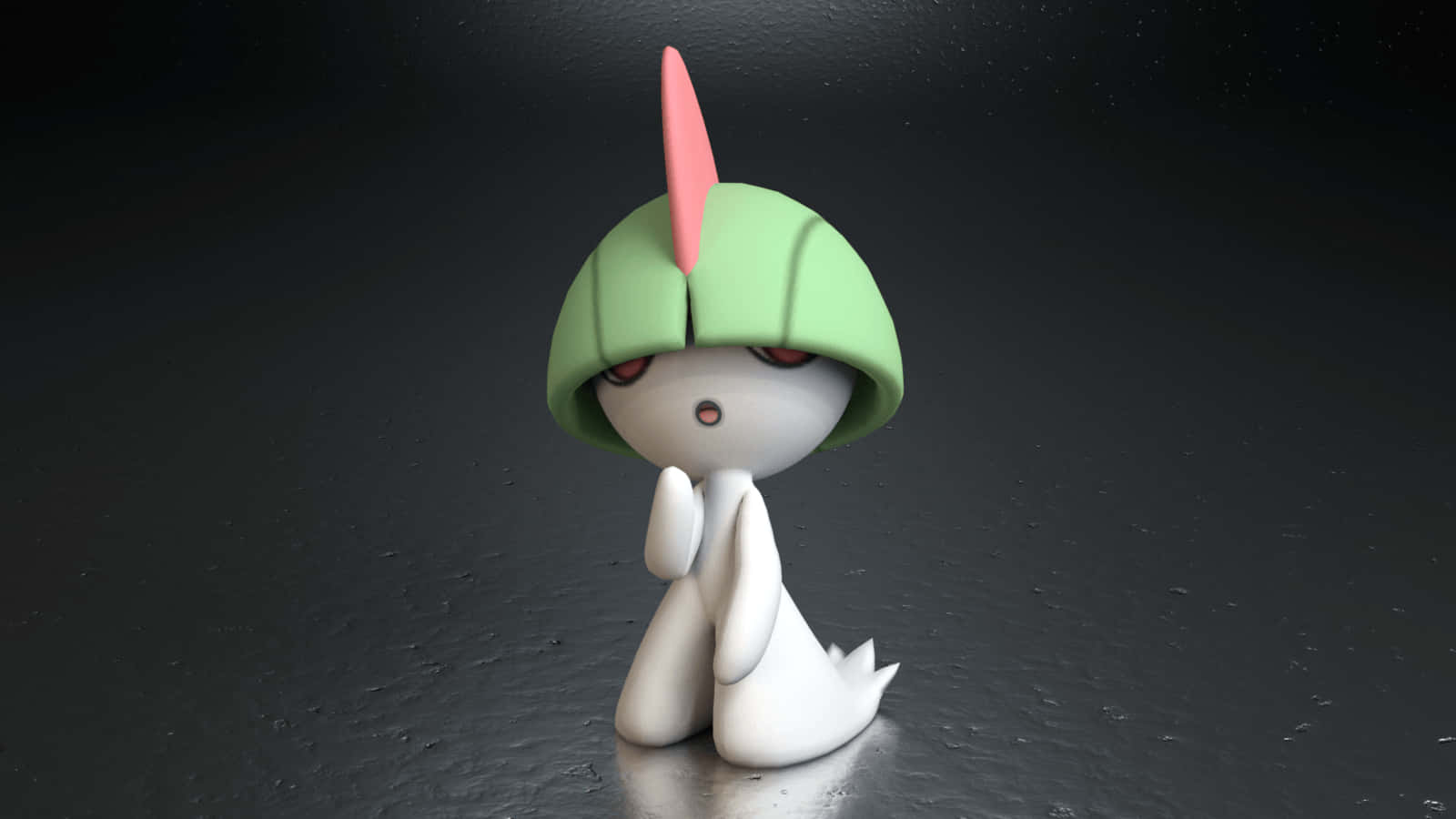 3D 桌布 壁紙 — 一個可愛的白色動漫風格生物，戴著綠色頭盔和粉紅色角，跪在深色紋理地板上。
