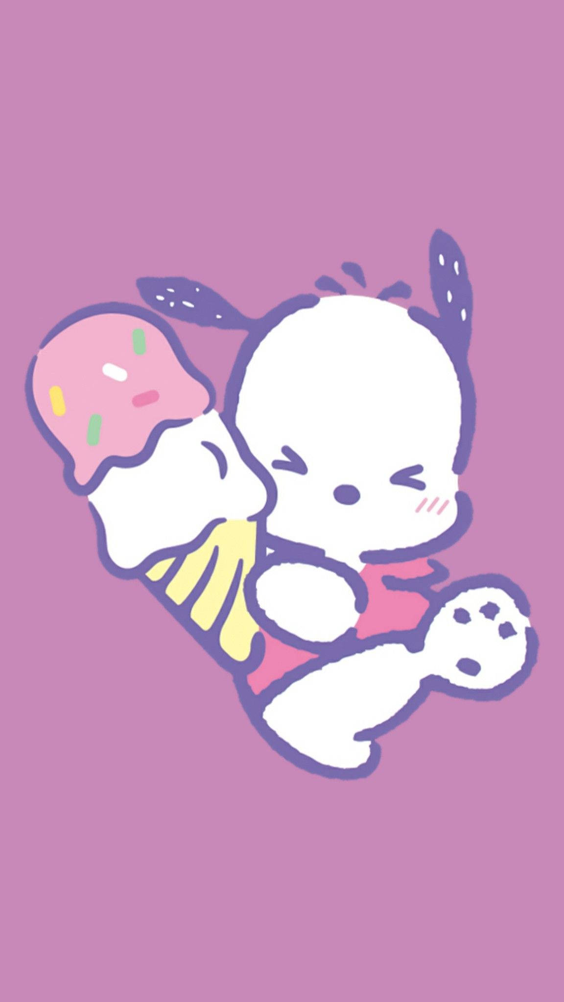 Pochacco 桌布 壁紙 — 一個可愛的白色卡通角色，有紫色耳朵，在純紫色背景前擁抱一個粉紅色冰淇淋甜筒。