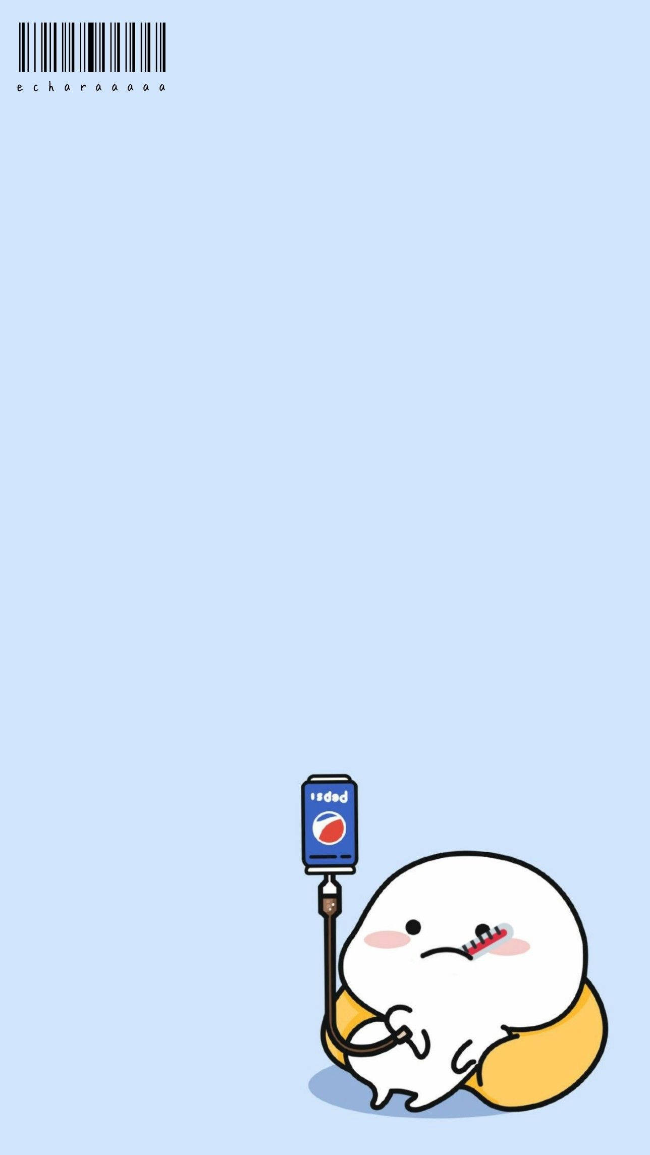 pentol 桌布 壁紙 — 一個可愛的白色卡通角色，黃色肚子，傷心地坐在淺藍色背景前，拿著一個連接到靜脈滴注的百事可樂罐。