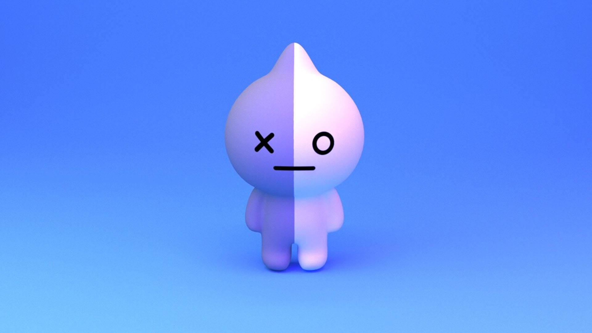 van bt21 桌布 壁紙 — 一個可愛的白色卡通角色從中間分開，有一隻眼睛和一隻鬥雞眼，背景是漸變藍色。