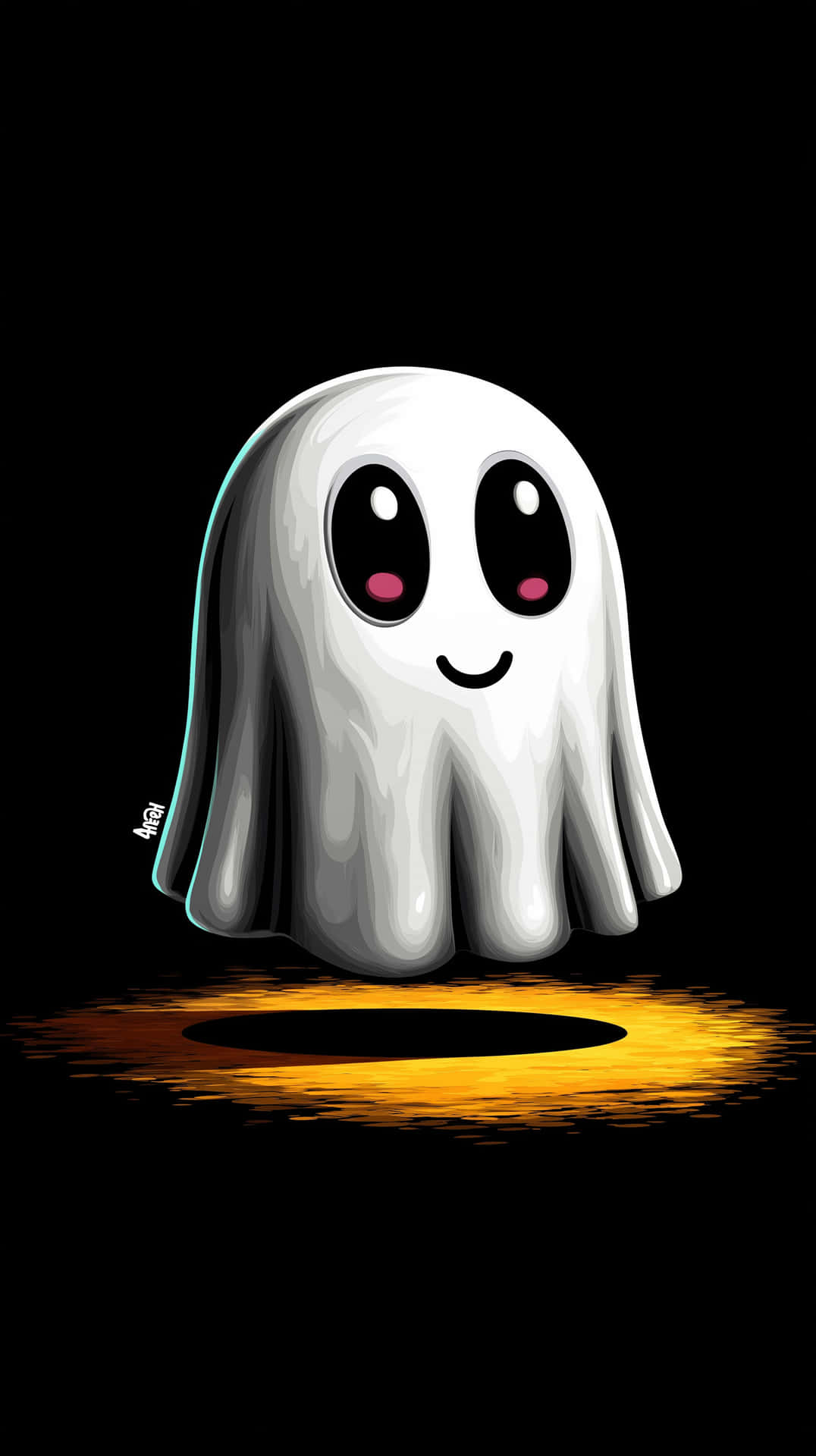 Cute 3D Ghost 壁紙 — 一個可愛的白色卡通鬼魂，有大大的黑色眼睛和微笑，漂浮在一個發光的橙色洞上方，背景是黑色。