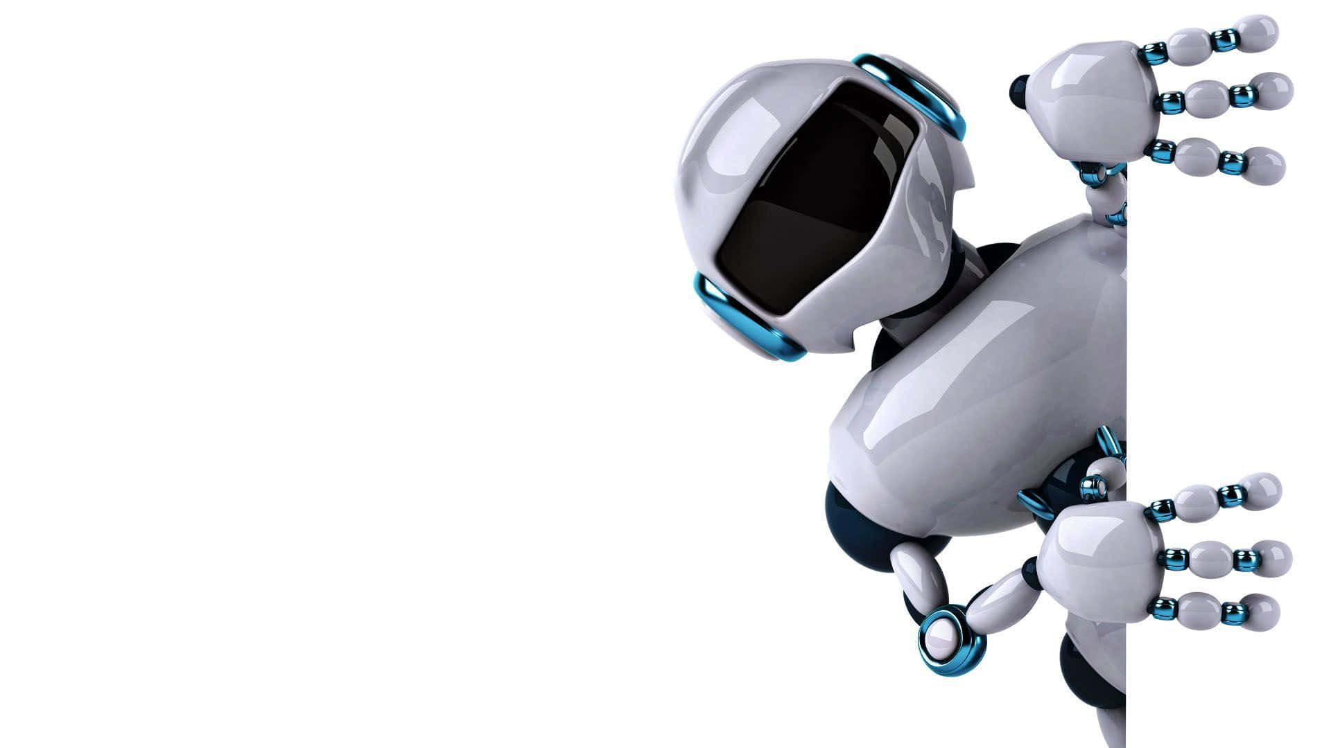 Kawaii Robot 桌布 壁紙 — 一個可愛的白色和藍色機器人，用關節臂和手，頑皮地從白色牆後探頭出來。