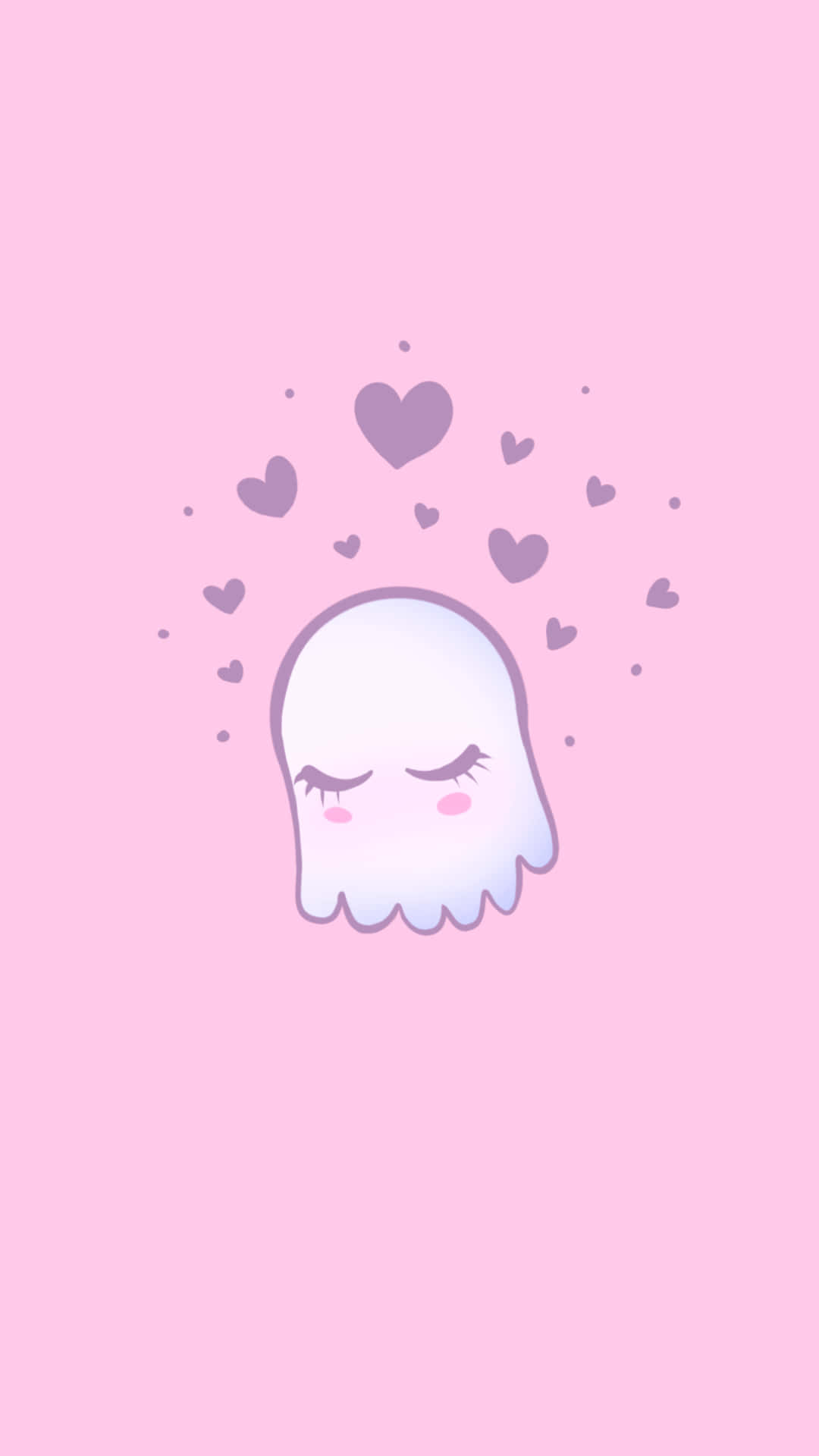 blushing 桌布 壁紙 — 一個可愛的白色幽靈，閉著眼睛，臉頰泛紅，漂浮在柔和的粉紅色背景上，周圍環繞著紫色愛心。