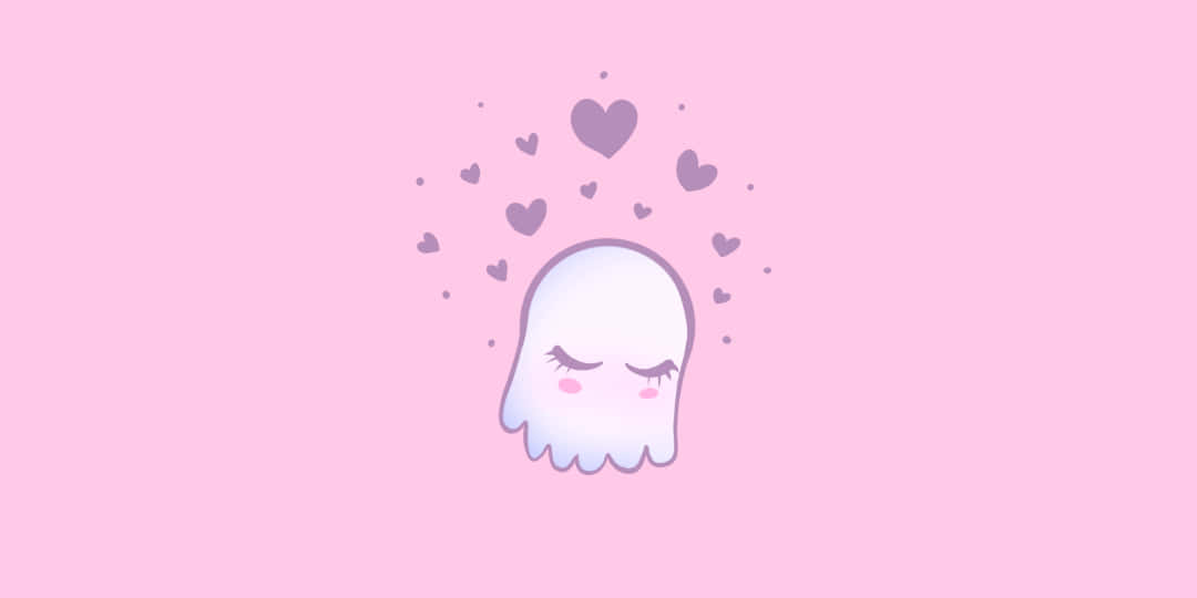 Cute Ghost 桌布 壁紙 — 一個可愛的白色幽靈，閉著眼睛，臉頰泛紅，漂浮在柔和的粉紅色背景上，周圍環繞著漂浮的心形。