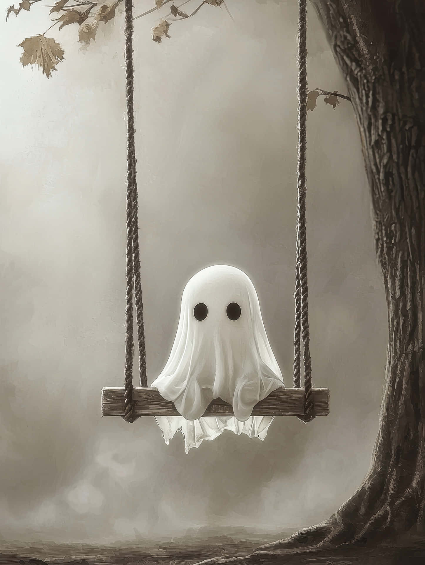 Cute Ghost Sitting on a Swing in Fog 壁紙 — 一個可愛的白色幽靈，黑色眼睛，平靜地坐在一個木製鞦韆上，鞦韆掛在霧氣森林中一棵多節的樹上。