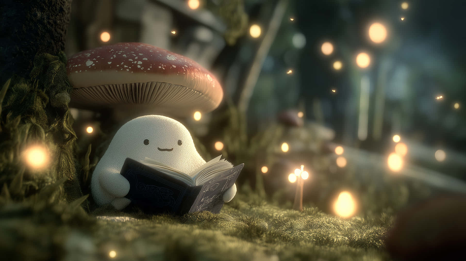 Smiling Ghost Reading Under Mushroom with Fireflies 壁紙 — 一個可愛的白色幽靈在發光的森林中，在紅色蘑菇下看書，周圍有漂浮的光點。