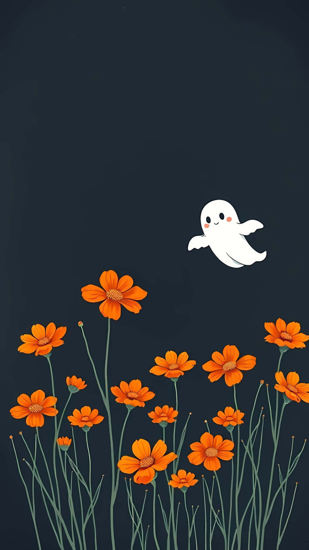 Cute Tiny Ghost Floating Over Orange Flowers Wallpaper 壁紙 — 一個可愛的白色幽靈漂浮在深藍色背景上的一片鮮橙色花田上方。