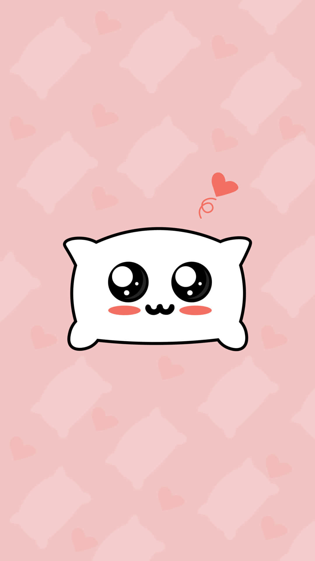 Kawaii Emoticon 桌布 壁紙 — 一個可愛的白色枕頭角色，有大眼睛和紅潤的臉頰，漂浮在點綴著心形的柔軟粉紅色背景上。