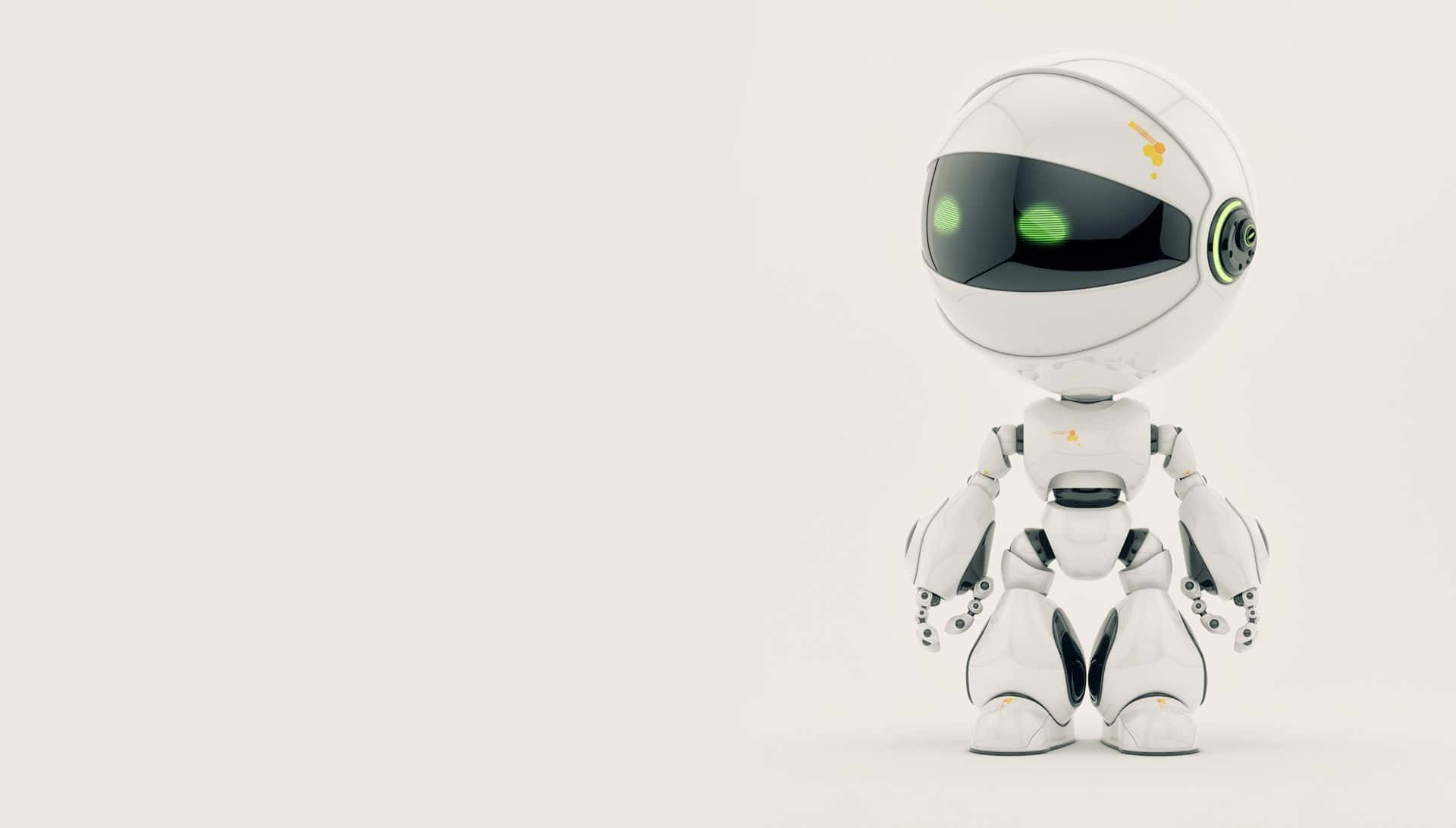 Kawaii Robot 桌布 壁紙 — 一個可愛的白色機器人，有著發光的綠色眼睛，站在純淺灰色背景前。