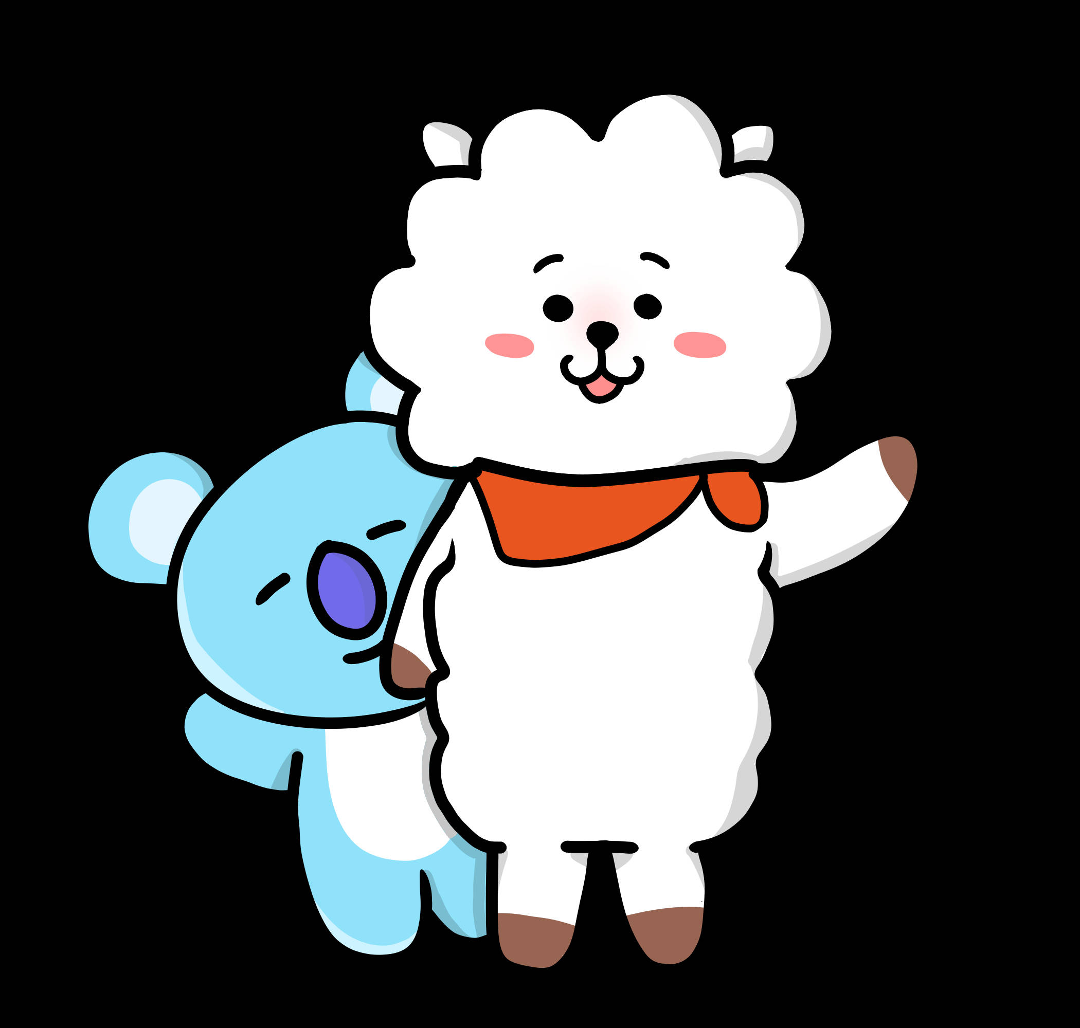 rj bt21 桌布 壁紙 — 一個可愛的白色毛絨角色，戴著橙色圍巾，在黑色背景前高興地揮手，同時抱著一個藍色無尾熊毛絨玩具。