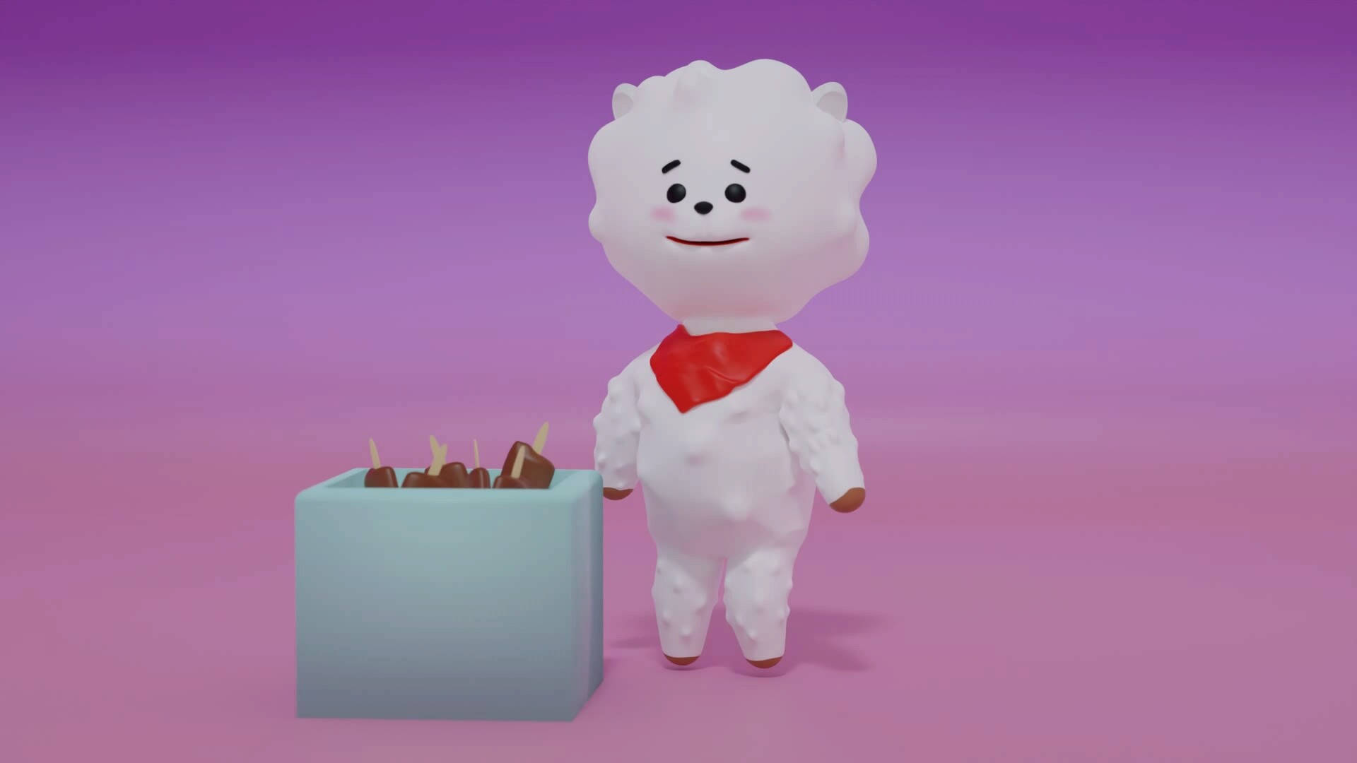 rj bt21 桌布 壁紙 — 一個可愛的白色毛絨角色，戴著紅色圍巾，站在一個淺藍色盒子旁邊，盒子裡裝滿了巧克力零食，背景是柔和的紫色漸變。