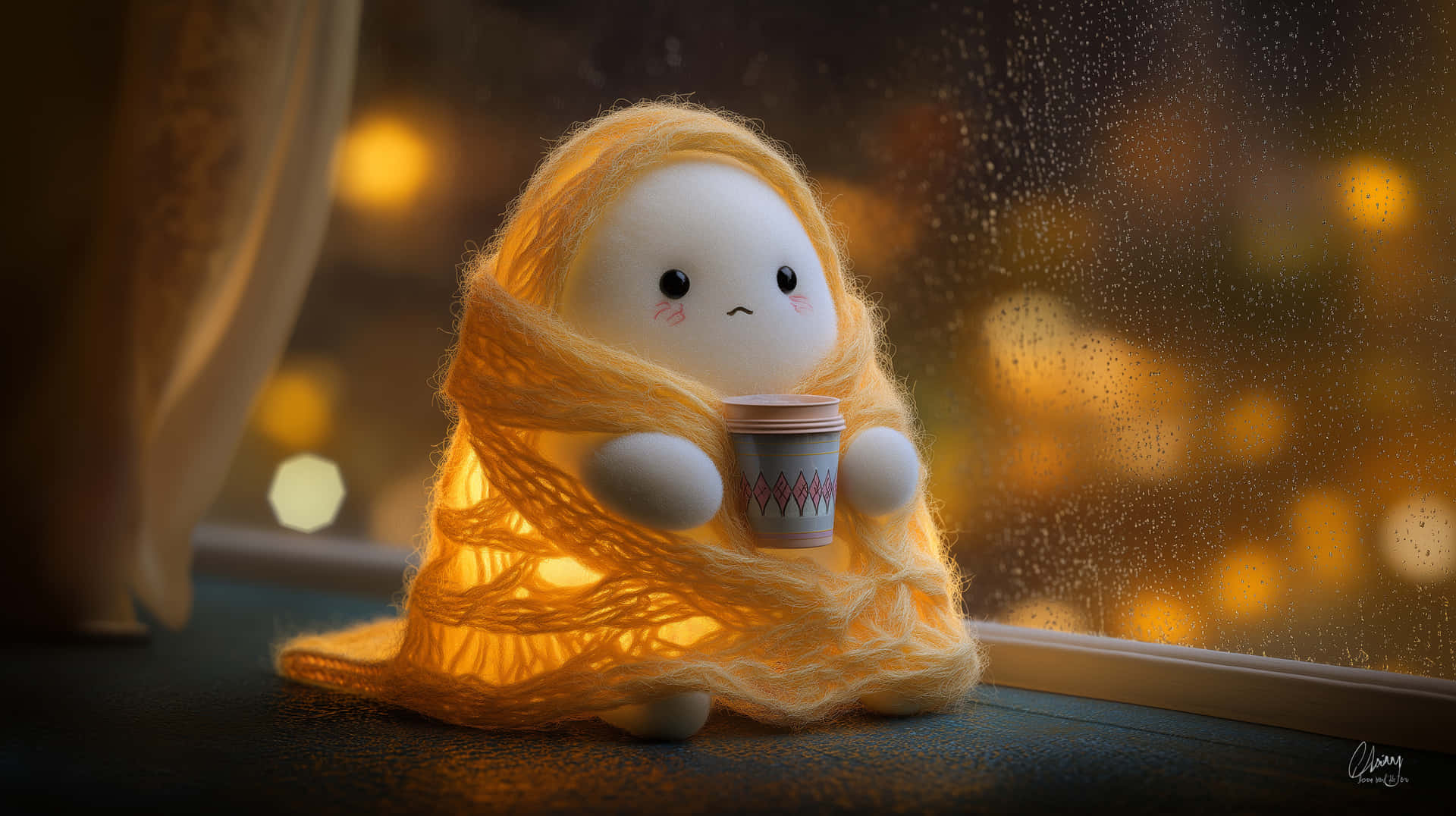 Sad Ghost Wrapped in Knit Blanket by Rainy Window 壁紙 — 一個可愛的白色毛絨角色包裹在發光的金色紗線中，在雨點斑駁的窗邊拿著一個圖案杯子，窗外有溫暖的散景燈光。