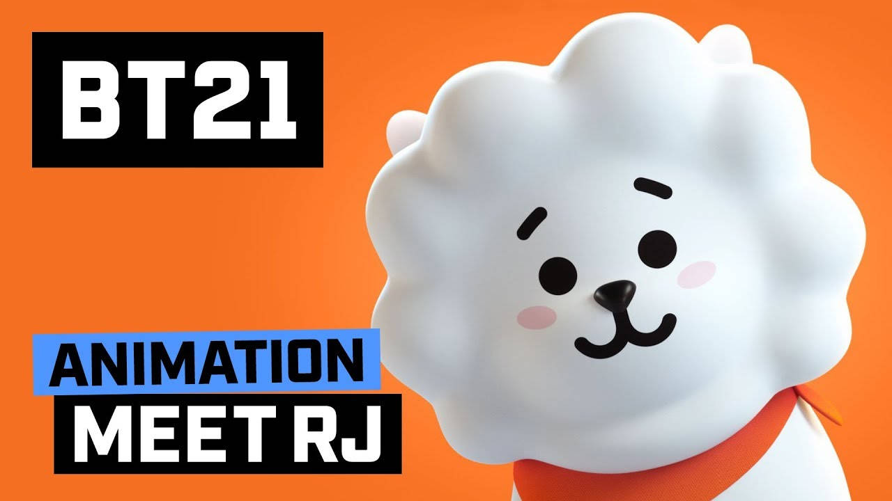 rj bt21 桌布 壁紙 — 一個可愛的白色毛茸茸BT21角色，戴著紅色圍巾，在鮮豔的橙色背景上微笑，並帶有粗體文字。