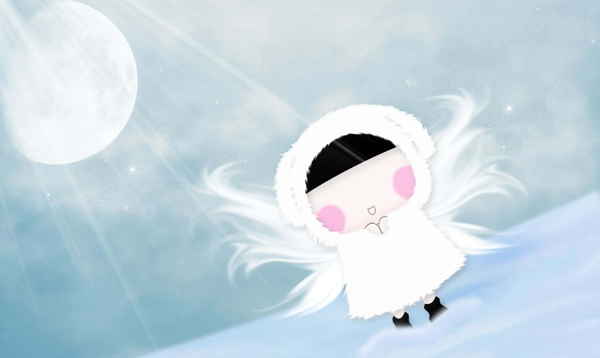 Snow Angel 桌布 壁紙 — 一個可愛的白色毛茸茸角色，臉頰粉紅，在柔和的藍色天空下，在發光的月亮下平靜地漂浮。