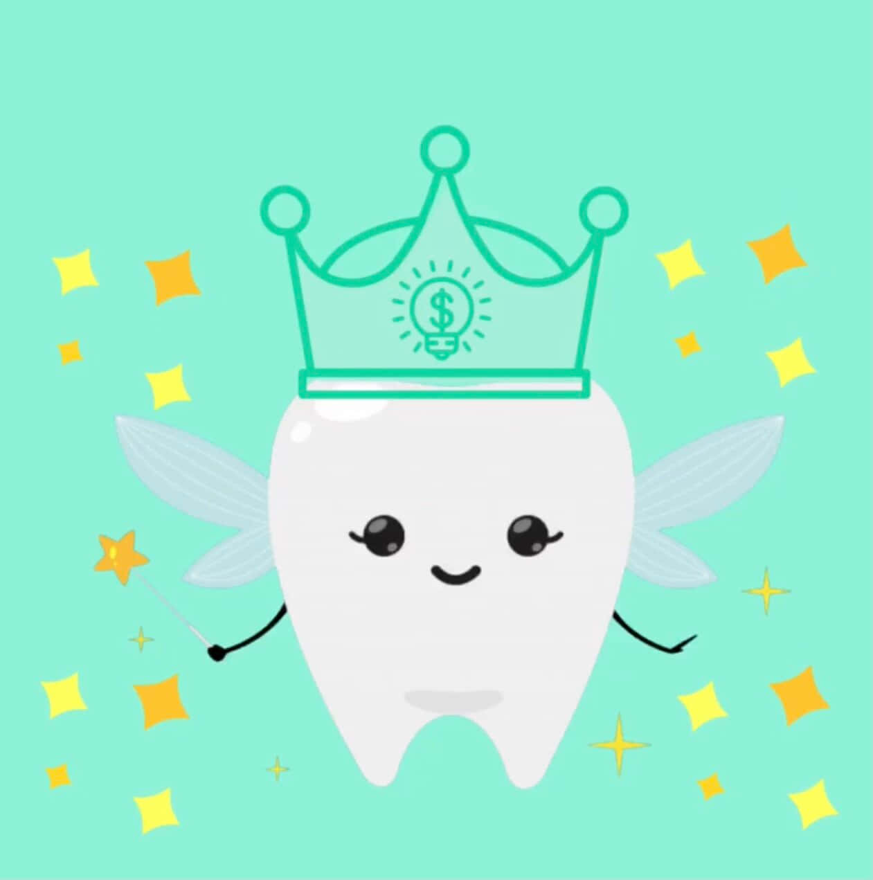 Tooth Fairy 桌布 壁紙 — 一個可愛的白色牙仙，有翅膀和皇冠，拿著魔法棒，周圍是黃色星星，背景是薄荷綠色。