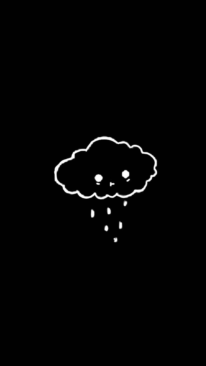 Cute Sad 桌布 壁紙 — 一個可愛的白色輪廓雲朵，有眼睛和皺眉，在純黑色背景上下雨滴。