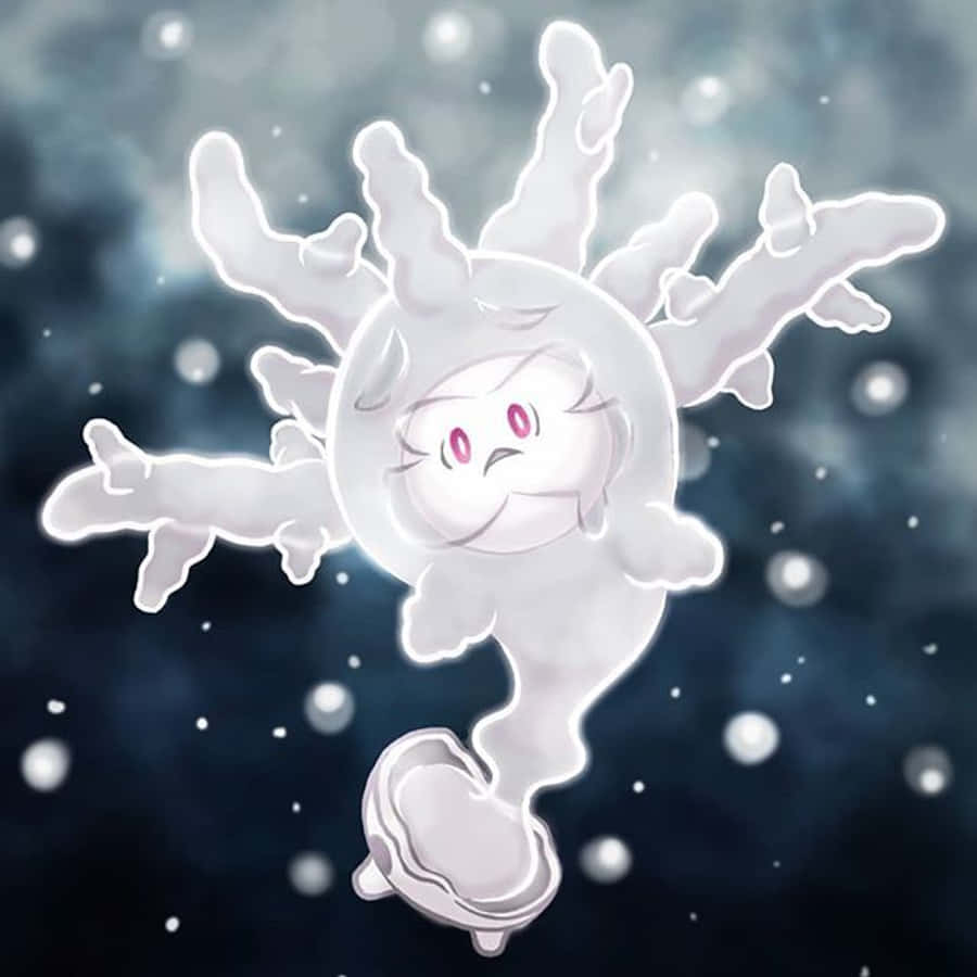 雪 桌布 壁紙 — 一個可愛的白色雪花生物，有粉紅色的眼睛，在深藍色天空下飄落的雪花中漂浮。