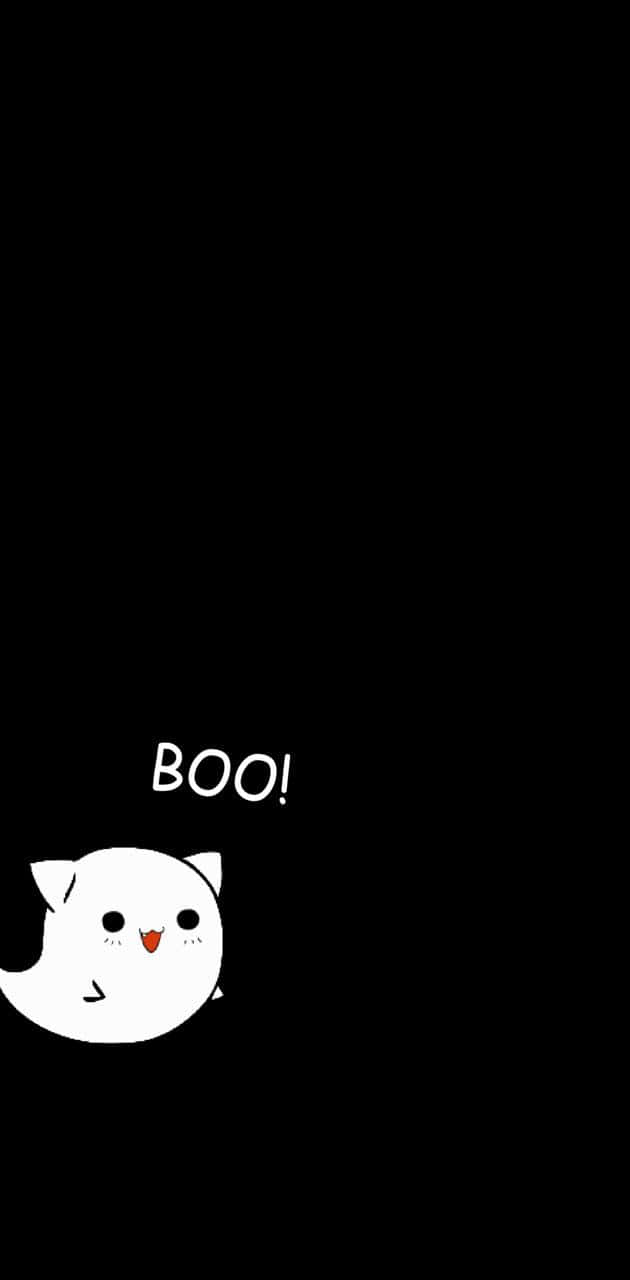 Cute Ghost 桌布 壁紙 — 一個可愛的白色鬼魂伸出紅色舌頭，從黑色背景的左下角探出頭來大喊 BOO！