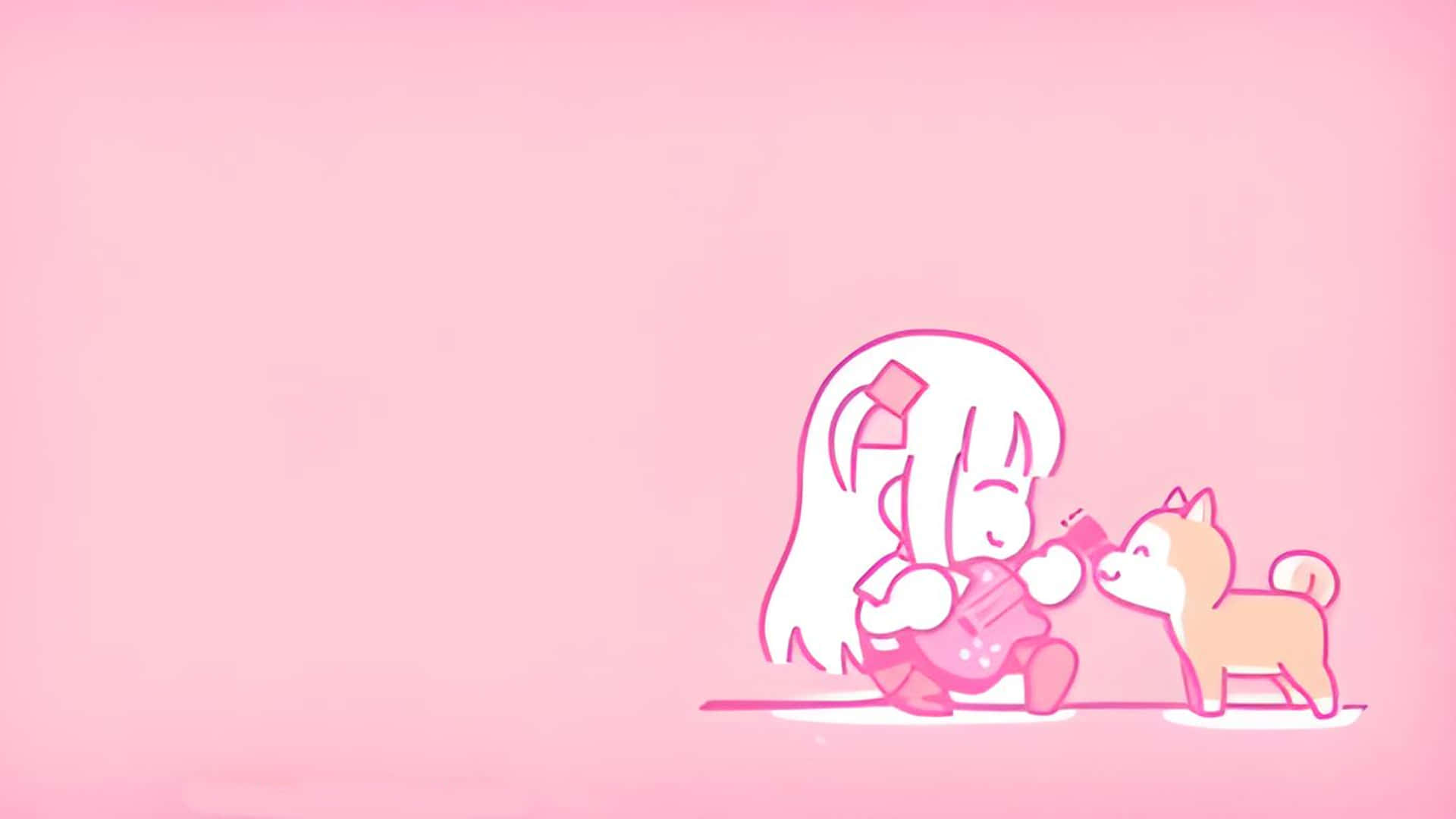 Best Anime 桌布 壁紙 — 一個可愛的白髮動漫女孩在純粉紅色背景上為一隻小棕狗彈奏粉紅色吉他。