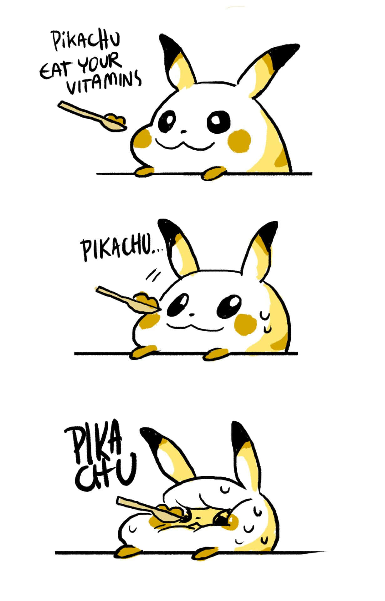 Pokemon Funny 桌布 壁紙 — 一個可愛的皮卡丘在三個面板中用湯匙吃維生素，然後拿著湯匙睡著了。