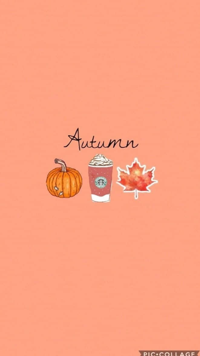 Vintage Autumn 桌布 壁紙 — 一個可愛的秋天主題插圖，包含南瓜、星巴克飲品和楓葉，背景為柔和蜜桃色。