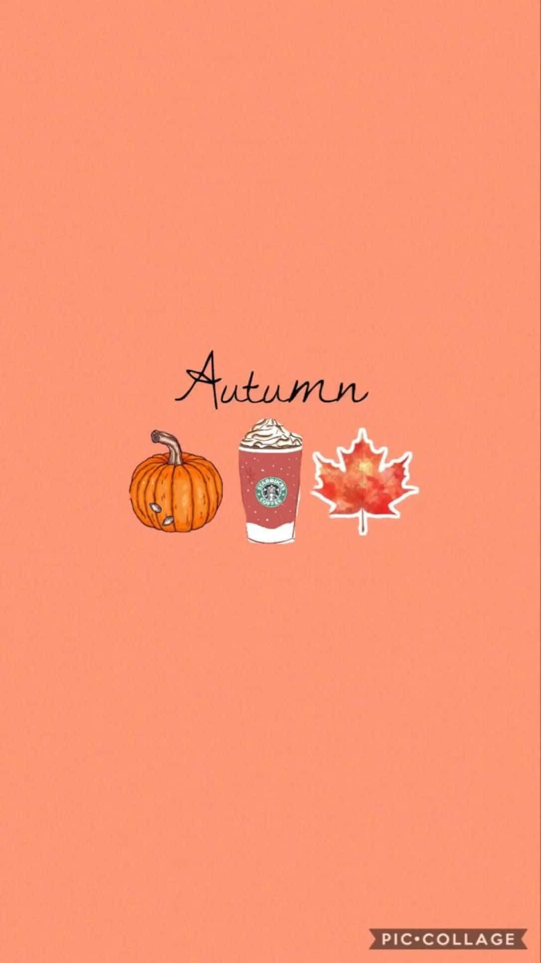 Cute Autumn iPhone 桌布 壁紙 — 一個可愛的秋天主題桌布，背景為珊瑚色，上面有南瓜、星巴克飲料和楓葉。