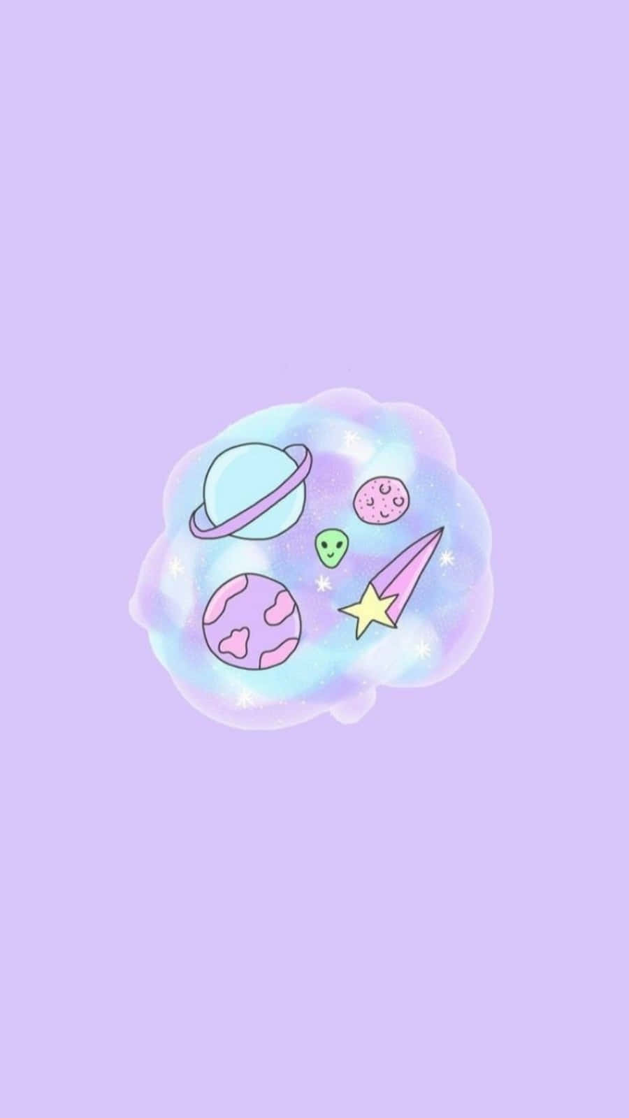 粉彩太空場景，有微笑的外星人、行星、彗星和星星在發光的雲中。 — 塗鴉動圖 壁紙