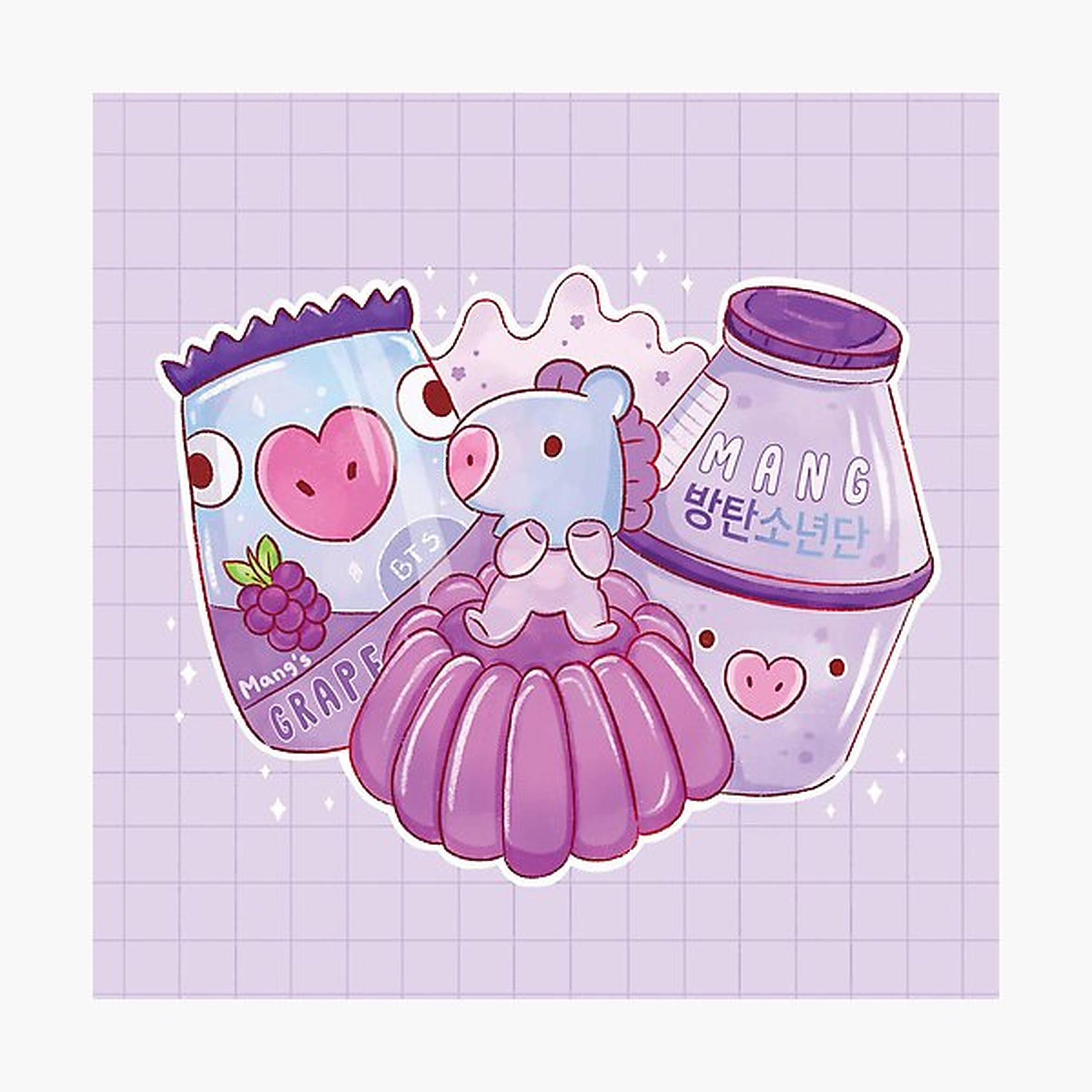 망 BT21 桌布 壁紙 — 一個可愛的粉彩插圖，描繪一隻粉紅熊坐在葡萄果凍甜點上，旁邊有兩瓶BTS主題飲料，背景為網格。